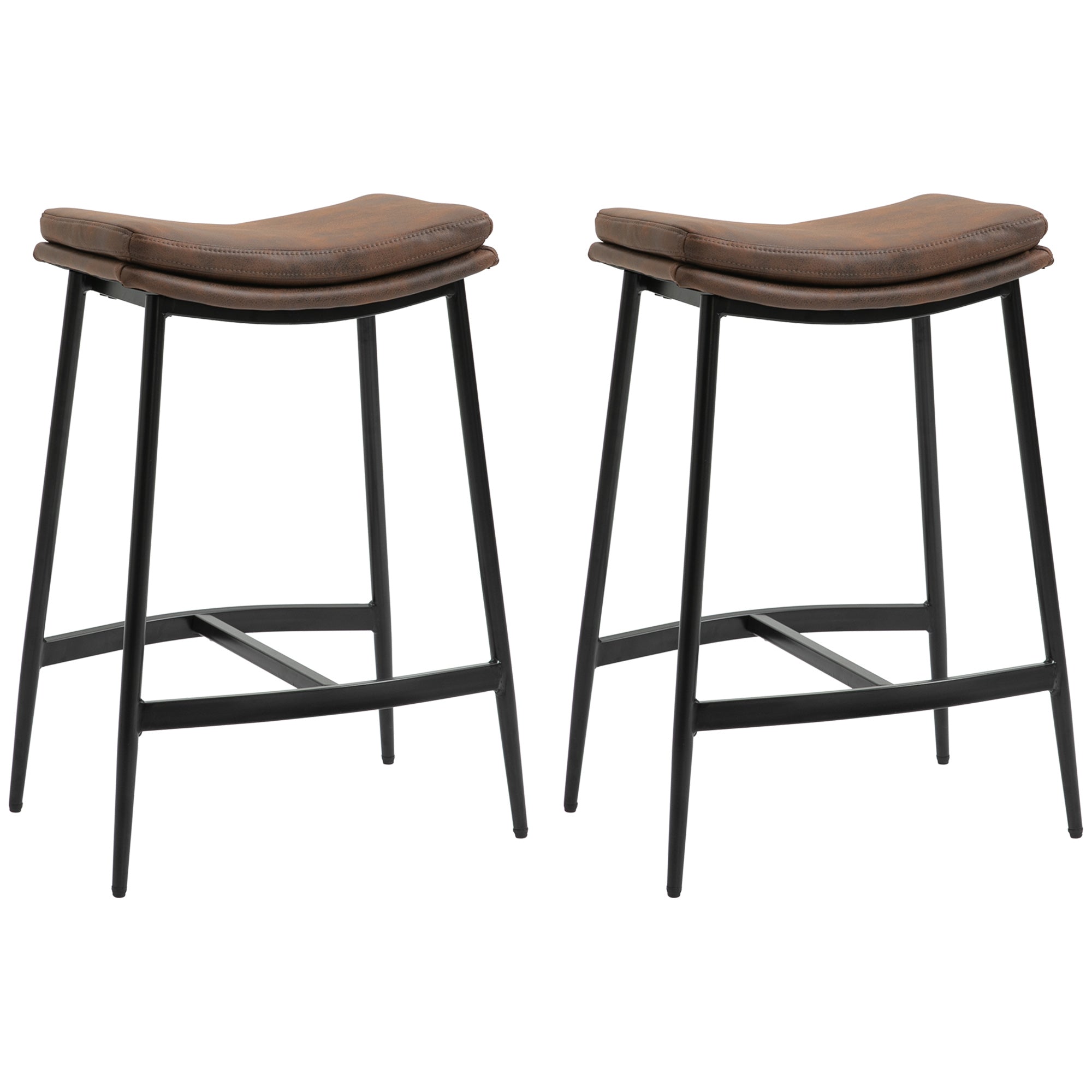 HOMCOM Breakfast Bar Stools Set of 2, Microfibre Upholstered Barstools, Industrial Bar Chairs with Curved Seat and Steel Frame