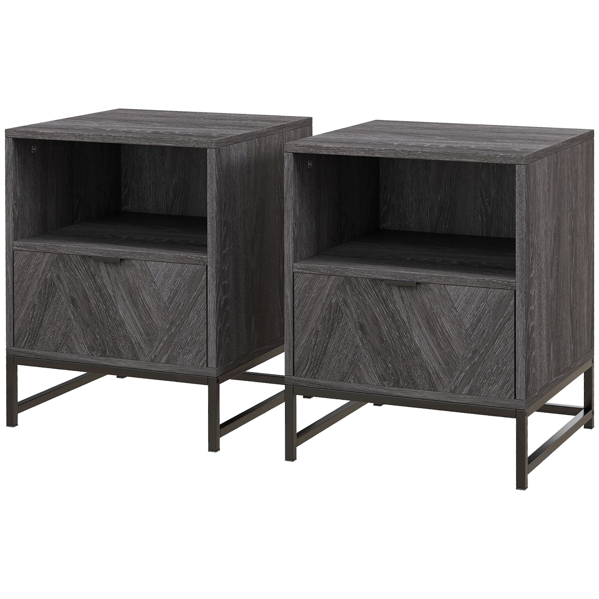 HOMCOM Bedside Cabinets: Dual Nightstands with Drawer & Shelf, Steel Legs for Living & Bedroom, Charcoal Grey