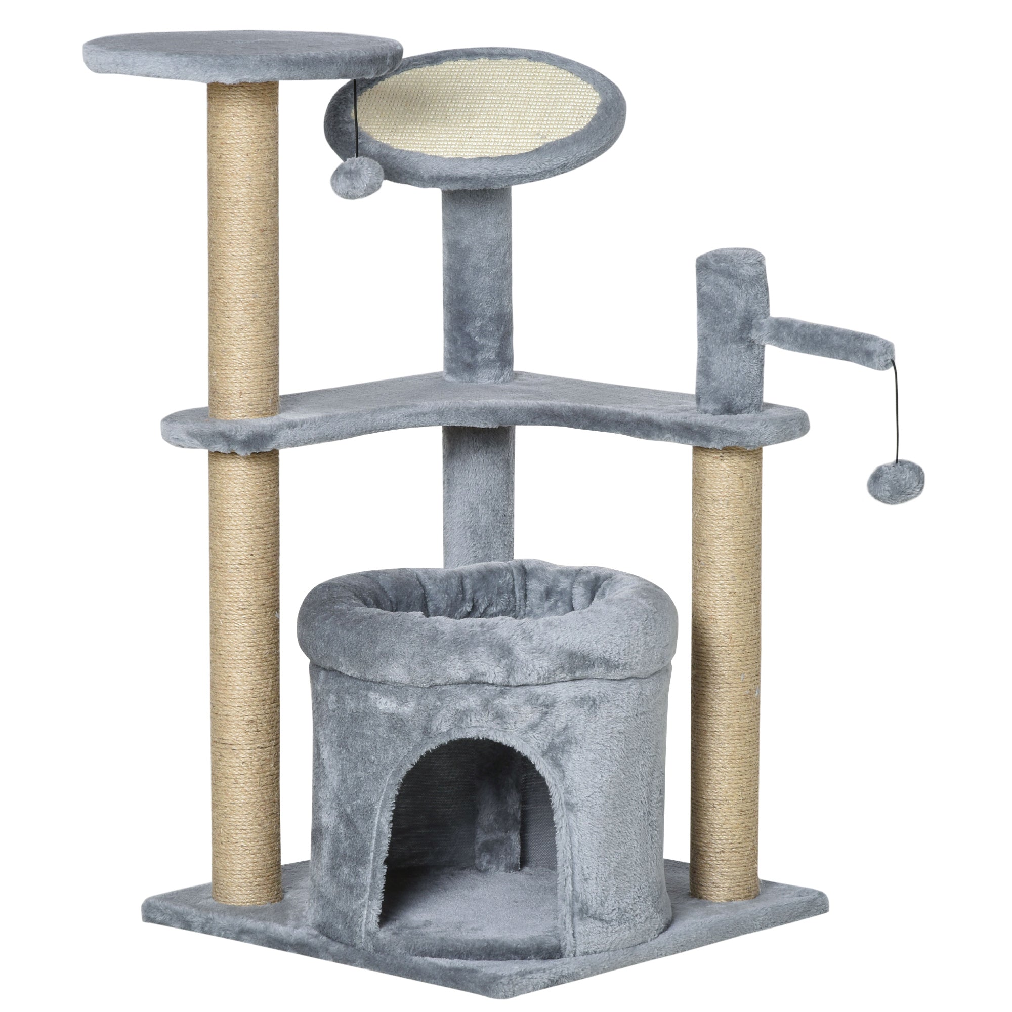 PawHut Cat Tree Tower Kitten Activity Center Scratching Post with Condo Bed Scratcher Perch Ball Toy Grey