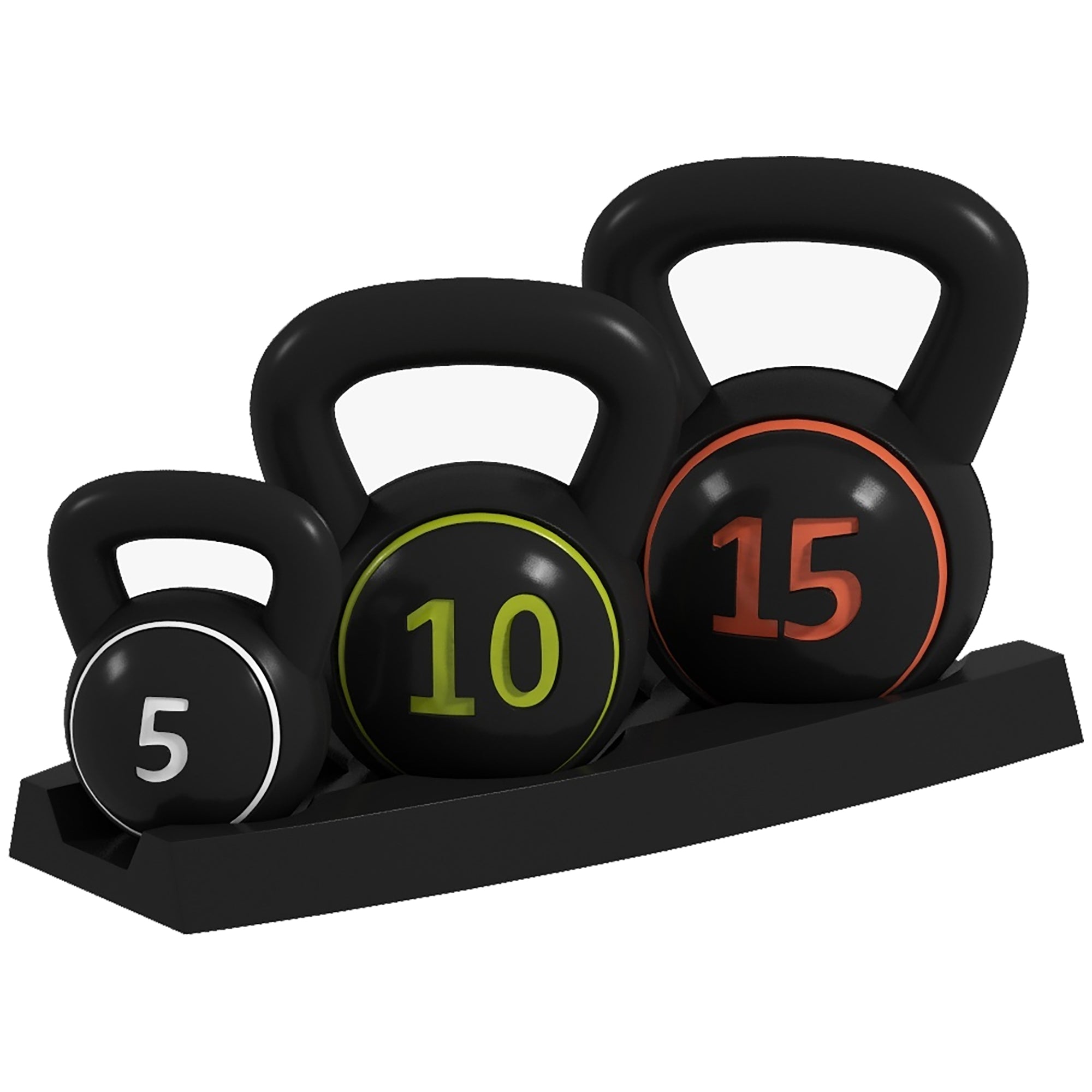 SPORTNOW Kettlebell Set with Storage Rack, 3-Piece Weights for Strength Training, Home Gym, 5lbs, 10lbs, 15lbs