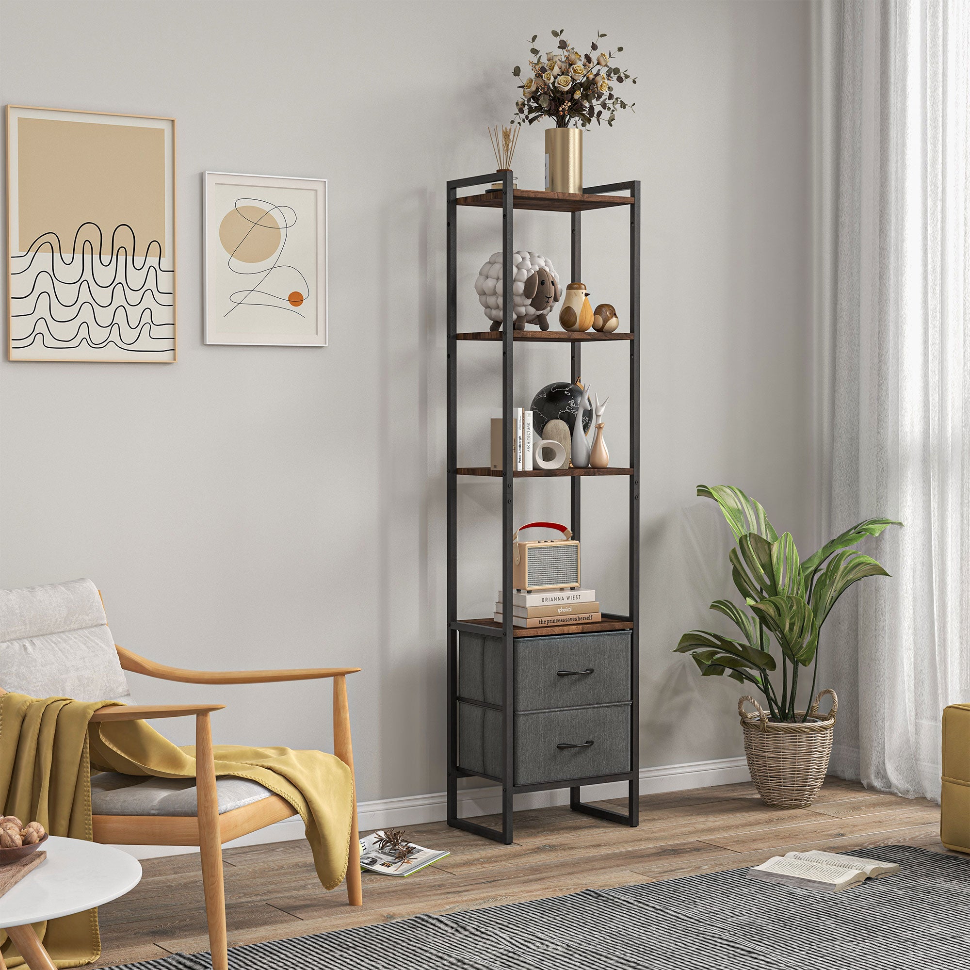 HOMCOM Industrial Bookcase 4-Tier Storage Shelf with 2 Fabric Drawers and Metal Frame for Living Room, Bedroom, Rustic Brown