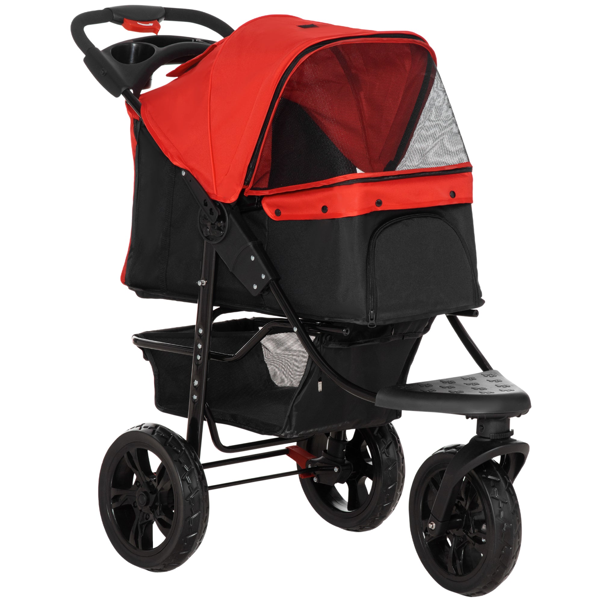 PawHut Oxford Cloth Folding 3-Wheel Pet Stroller Dog Trolley Red/Black