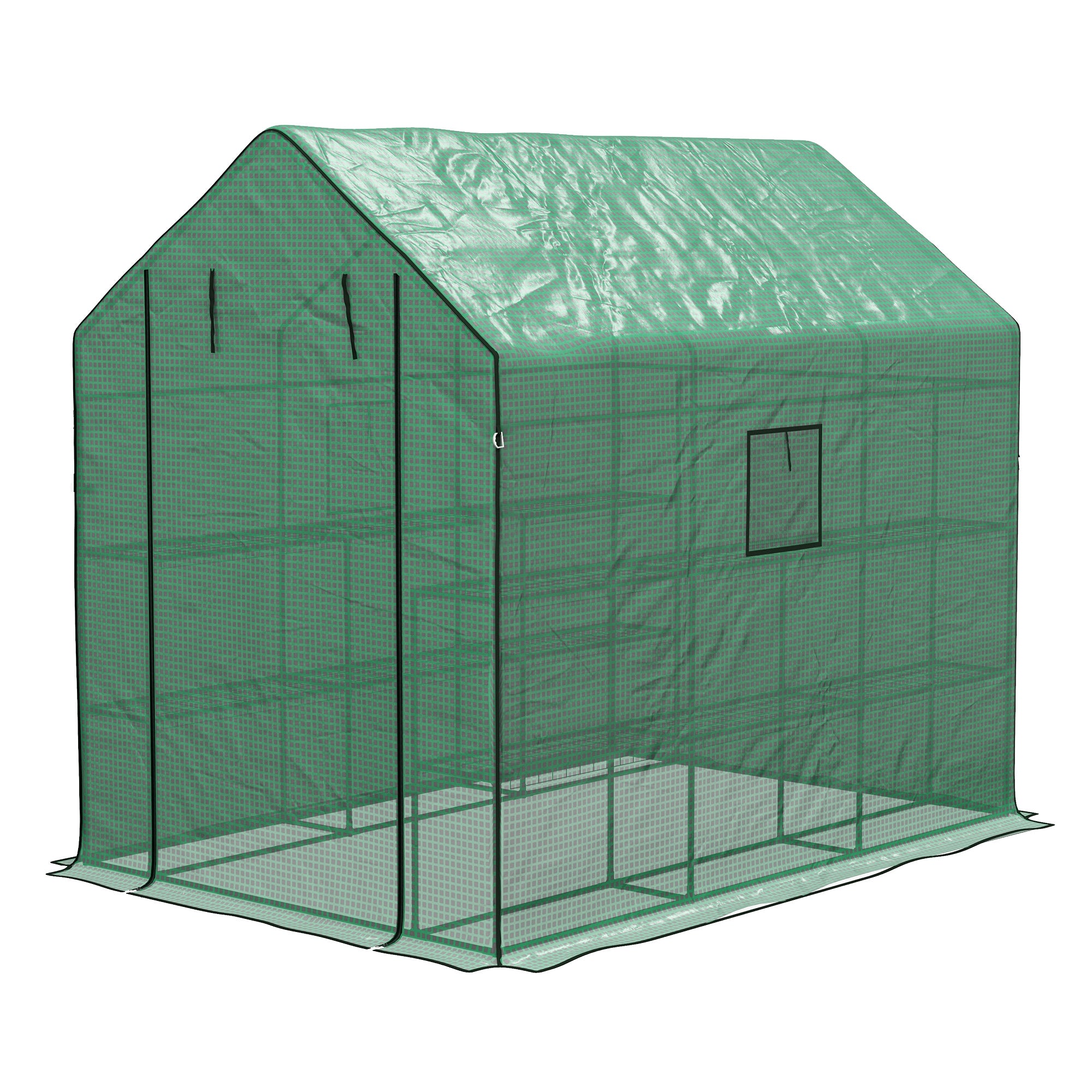 Outsunny Greenhouse Oasis: Walk-In PE Cover with 3 Tier Shelves, Roll-Up Door & Mesh Windows, 140x213x190cm, Verdant Green