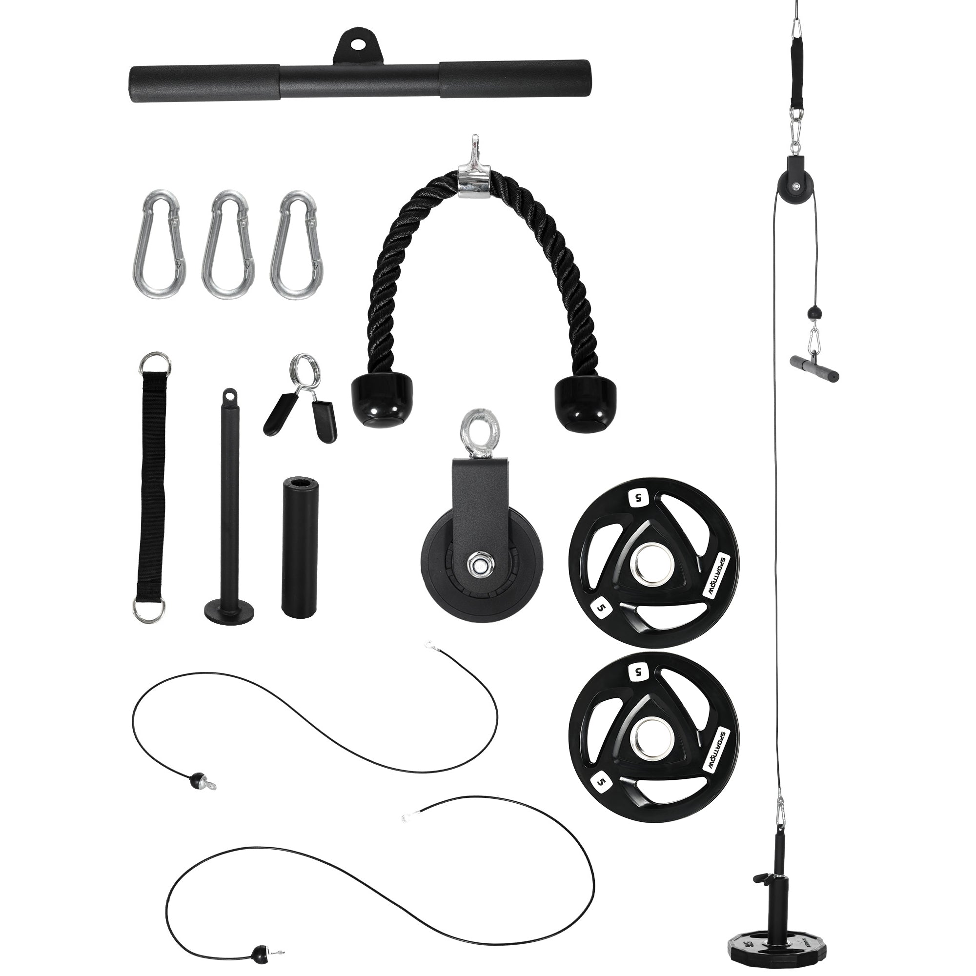 SPORTNOW Cable Machine Pulley System w/ 2 x 5kg Olympic Weight Plates, Lat Pull Down System w/ DIY Loading Weight for Home Gym Training