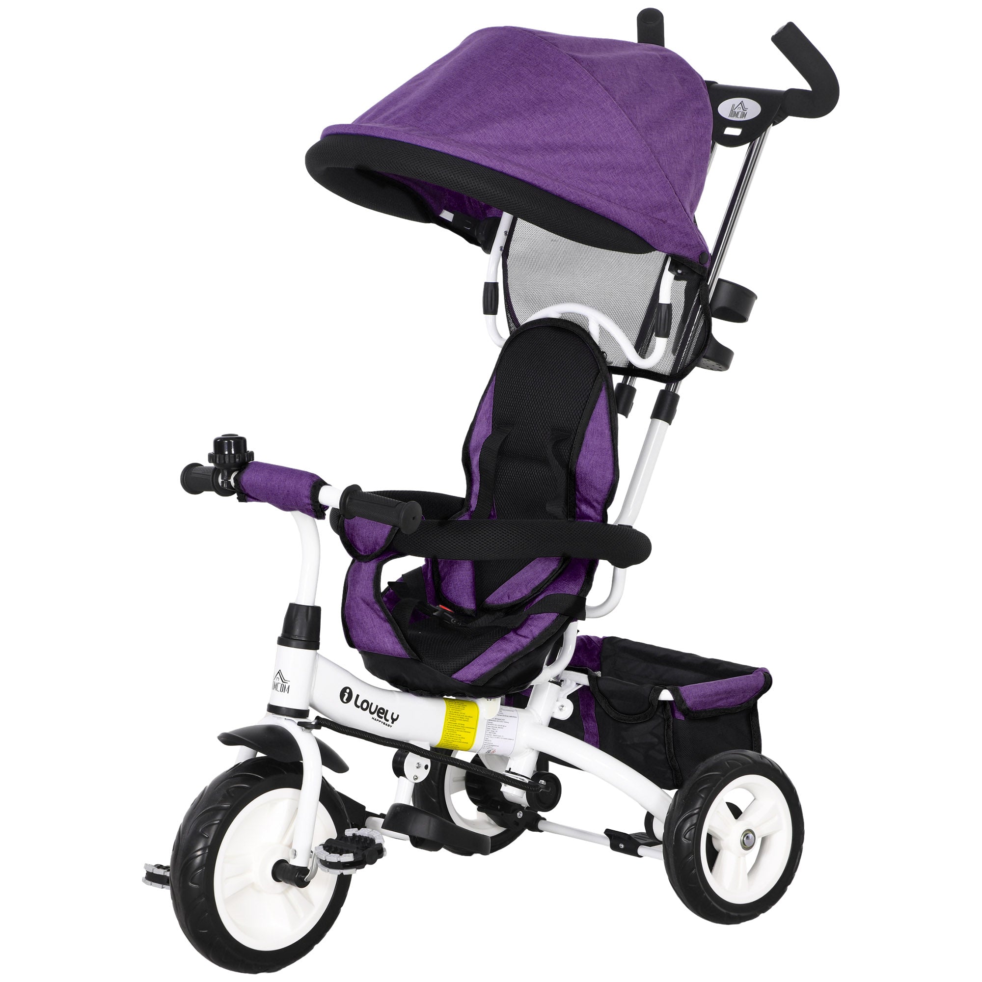 HOMCOM 4 in 1 Kids Trike Push Bike w/ Push Handle, Canopy, 5-point Safety Belt, Storage, Footrest, Brake, for 1-5 Years, Purple