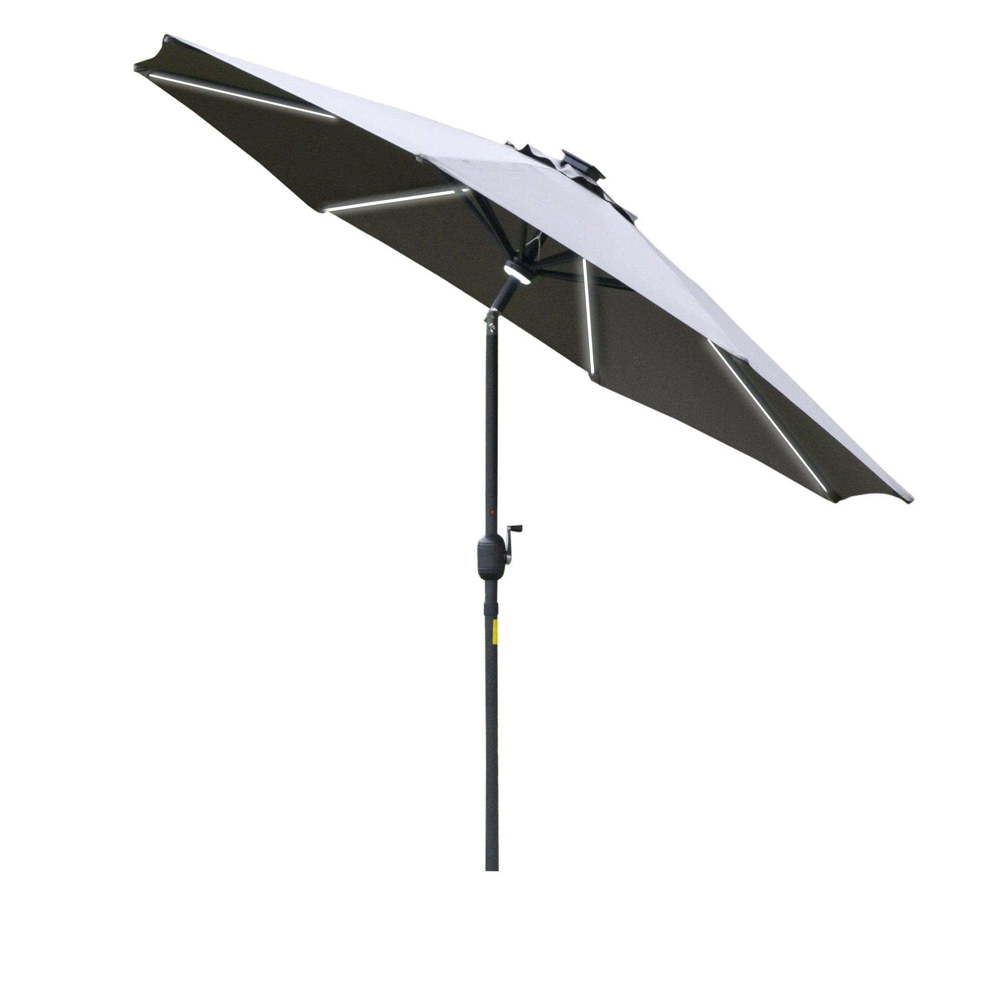 Outsunny 2.7m Garden Parasol Sun Umbrella Patio Summer Shelter w/ LED Solar Light, Angled Canopy Vent, Crank Tilt, Grey