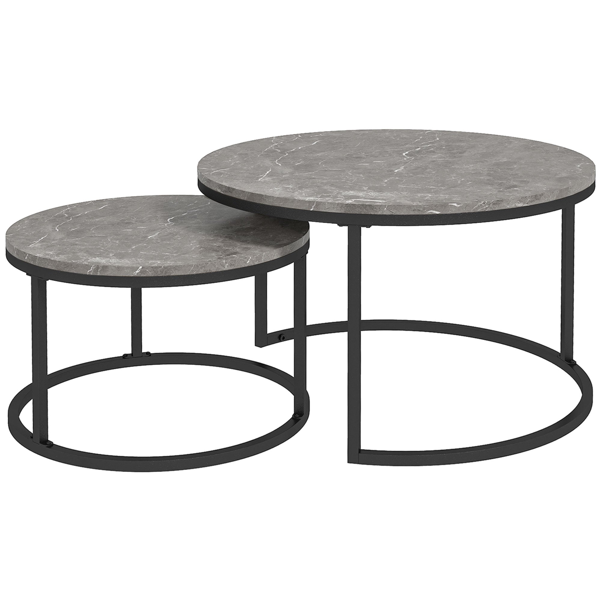 HOMCOM Industrial Nesting Coffee Table Set of 2, Round Coffee Tables, Living Room Table with Faux Marbled Top and Steel Frame