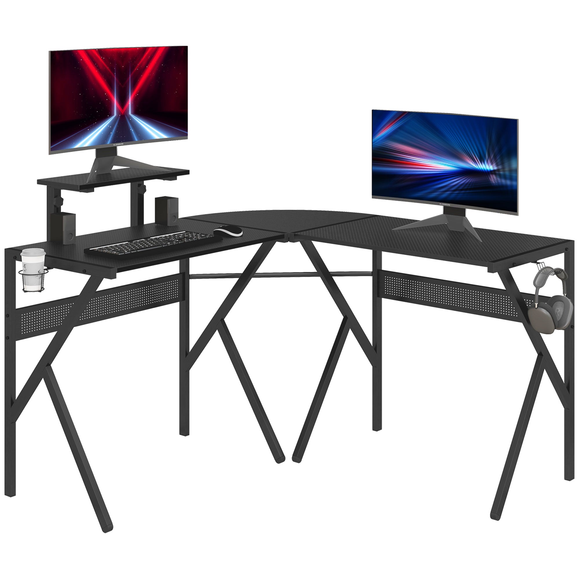 HOMCOM Gaming Desk L-Shaped Corner Computer Table for Home Office PC Workstations with Adjustable Monitor Stand , Black