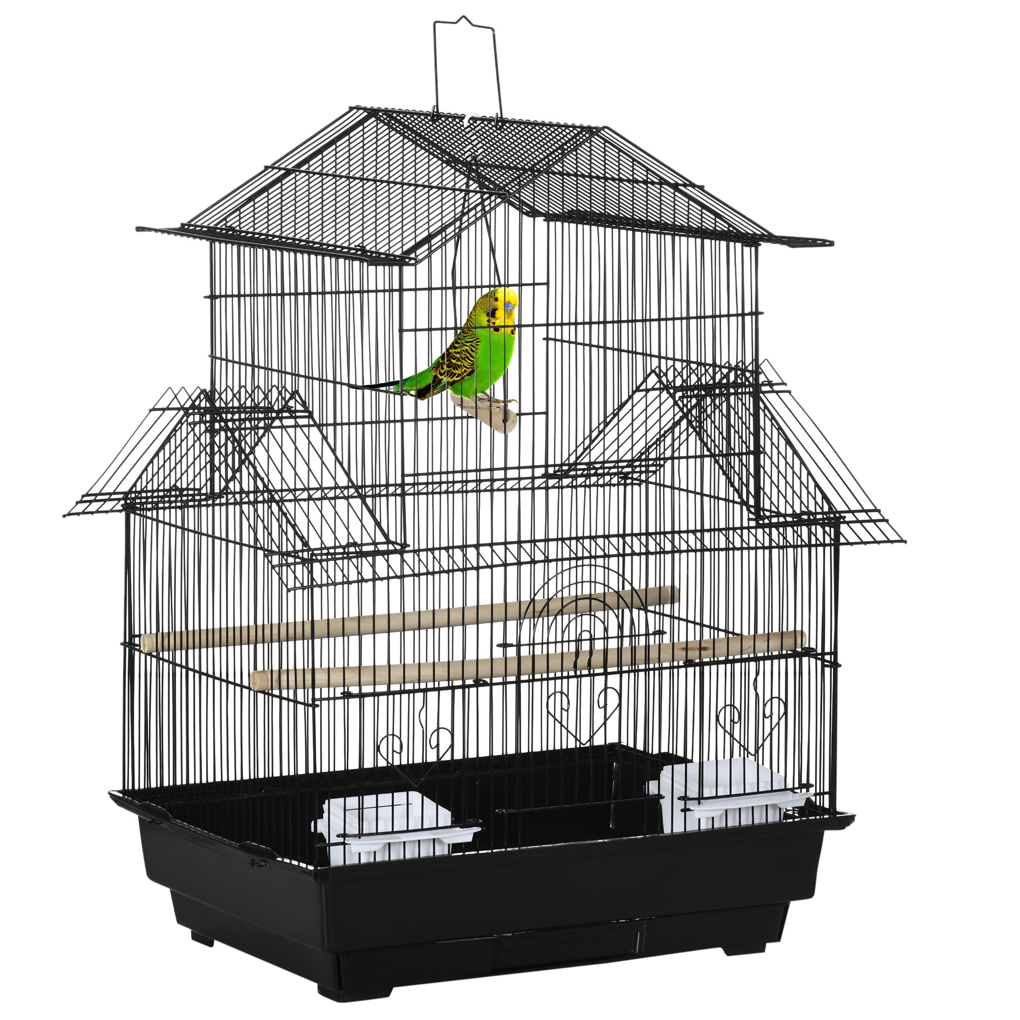 PawHut Metal Bird Cage, Portable with Swing Perch & Food Tray for Finch, Canary, Budgie, 50.5x40x63cm, Black