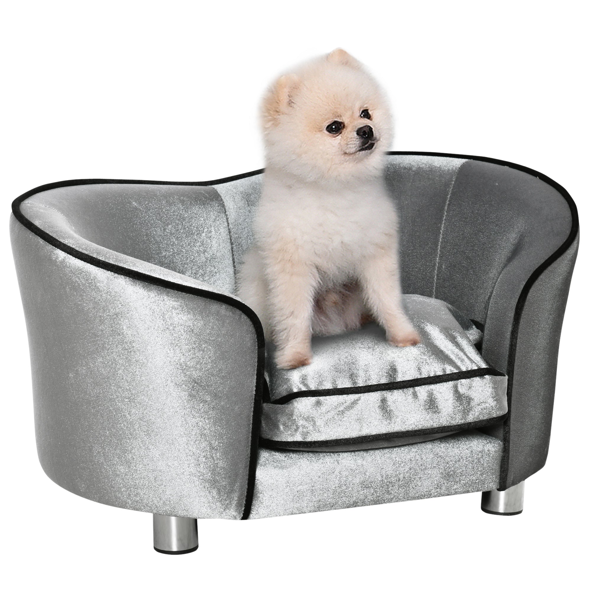 PawHut Pet Sofa with Storage Pocket, Modern Dog Bed & Cat Lounger, Removable Cushion, 69x49x38cm, Silver Grey