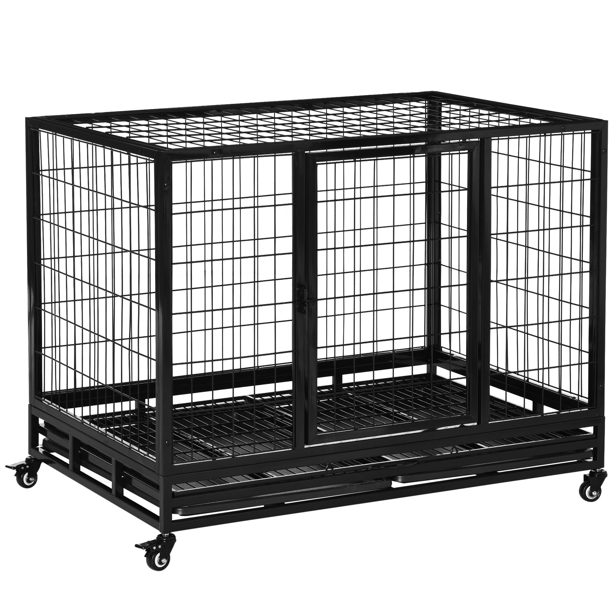 PawHut 43" Heavy Duty Metal Dog Kennel Pet Cage with Crate Tray and Wheels - Black (Large)