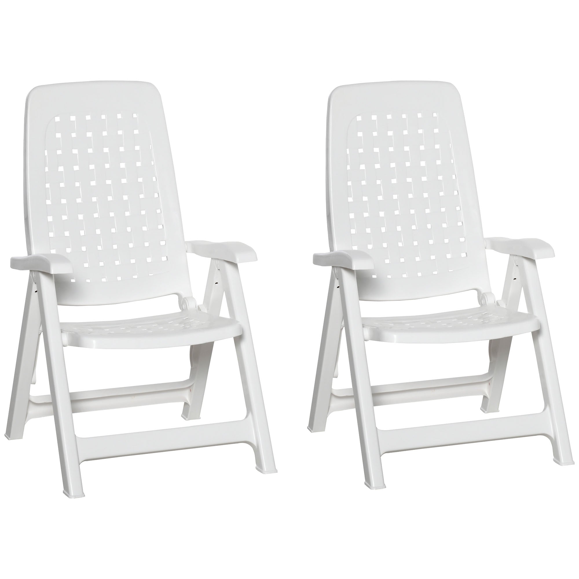 Outsunny Folding Dining Chairs, Set of 2 Plastic Reclining Armchairs with 4-Position Backrest for Indoor & Outdoor, White