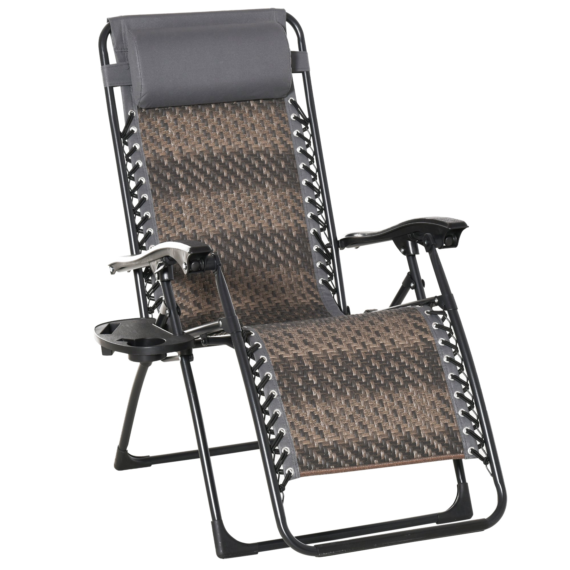 Outsunny Outdoor Zero Gravity Folding Sun Lounge Chair with Headrest, Recliner Chair w/ Cup and Phone Holder for Garden, Balcony, Deck, Grey