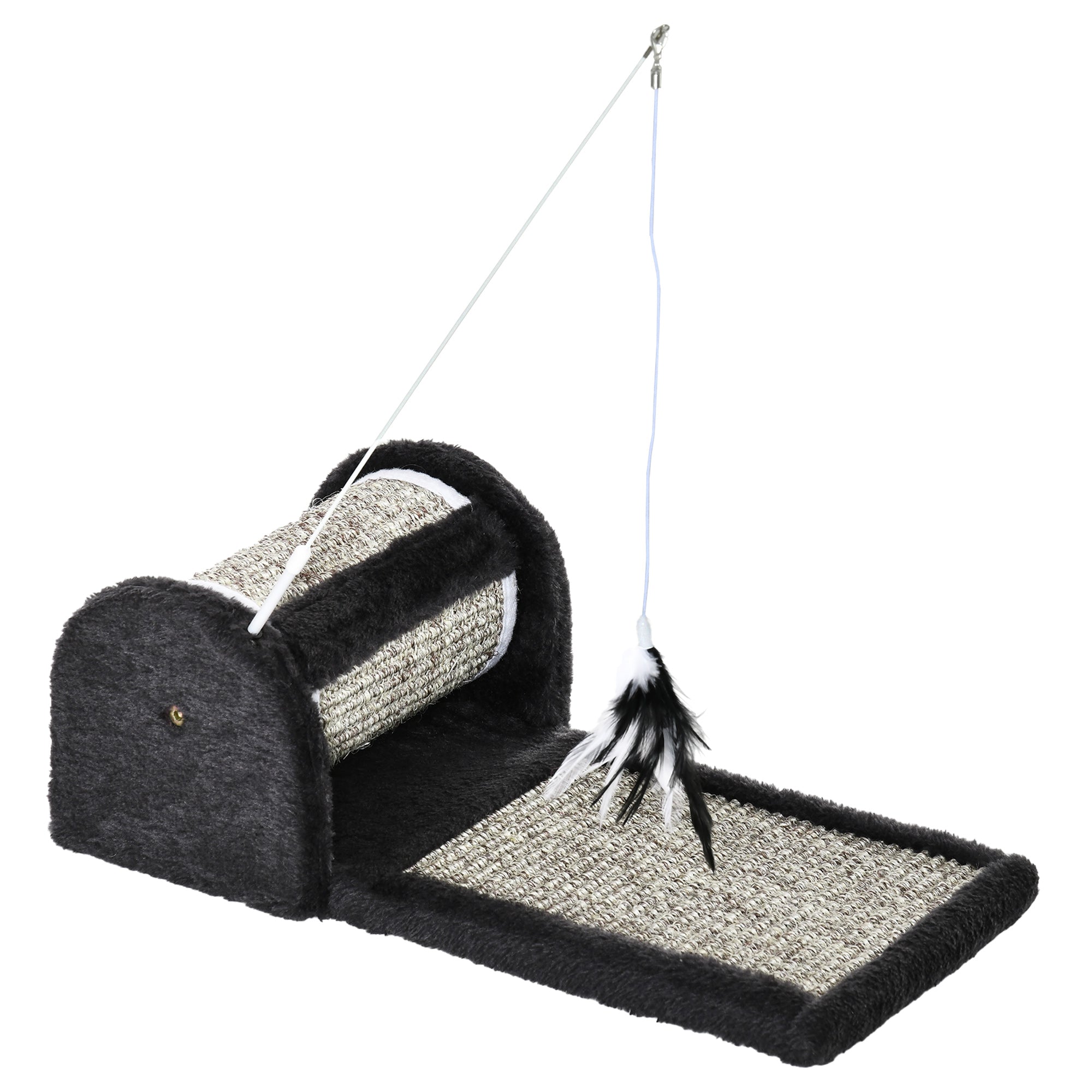 PawHut Sisal Scratching Mat: Kitten Playtime Companion with Roller & Feather Toy, Cosy Grey Lounger, 44 x 24 x 16 cm