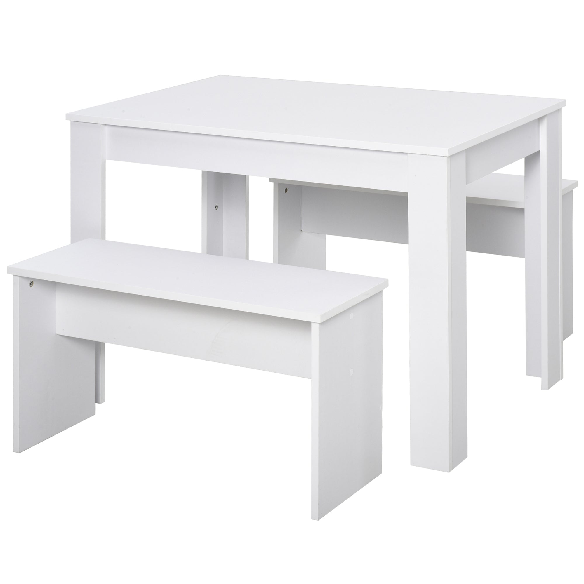 HOMCOM 3 Pieces Dining Set, Kitchen Dining Table and Benches with Particle Board Structure, for Compact Kitchen and Living Room, White | Aosom UK