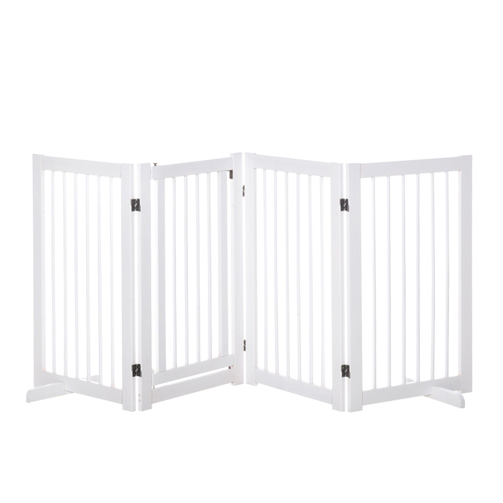 PawHut Wooden Freestanding Pet Gate 4 Panels 91cm Foldable Dog Safety Fence with 2 Support Feet Walk-through Door for Doorway Stairs White