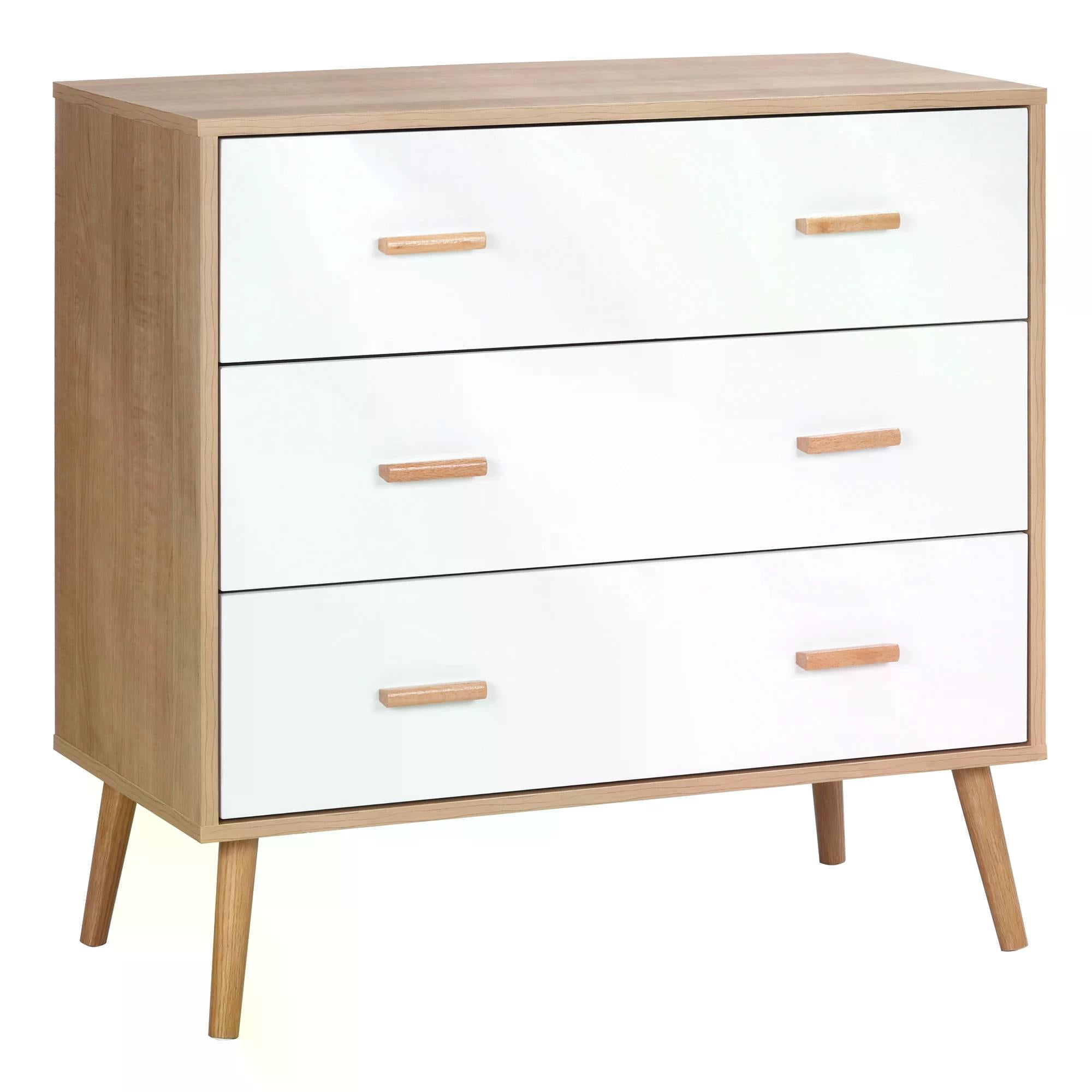 HOMCOM Modern Chest of Drawers, 3-Drawer Bedroom Storage Cabinet, White and Natural Wood Finish