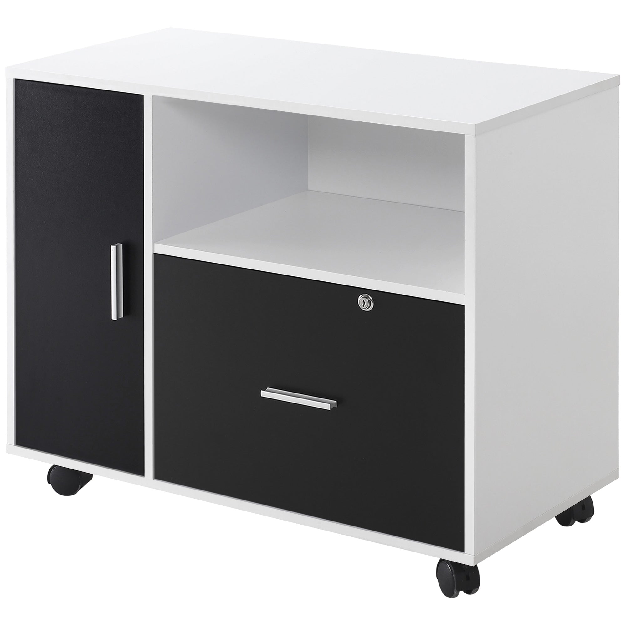 HOMCOM Filing Cabinet with Lockable Drawer, Mobile File Cabinet with 4 Wheels and Shelf, Printer Stand for Hanging A4 and Letter Sized Files, Home Office, Black and White