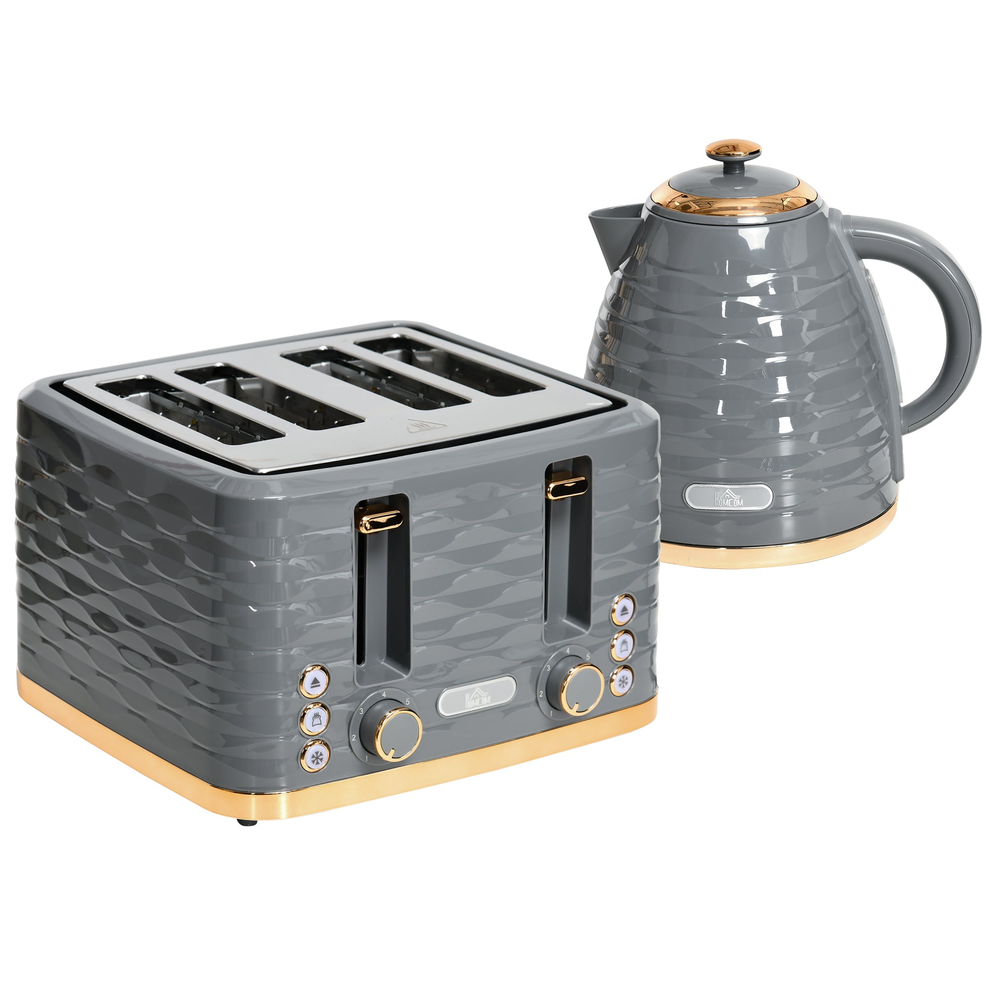 HOMCOM Kettle and Toaster Sets, 1600W 1.7L Rapid Boil Kettle & 4 Slice Toaster w/7 Browning Controls Defrost Reheat Crumb Tray Otter thermostat Grey