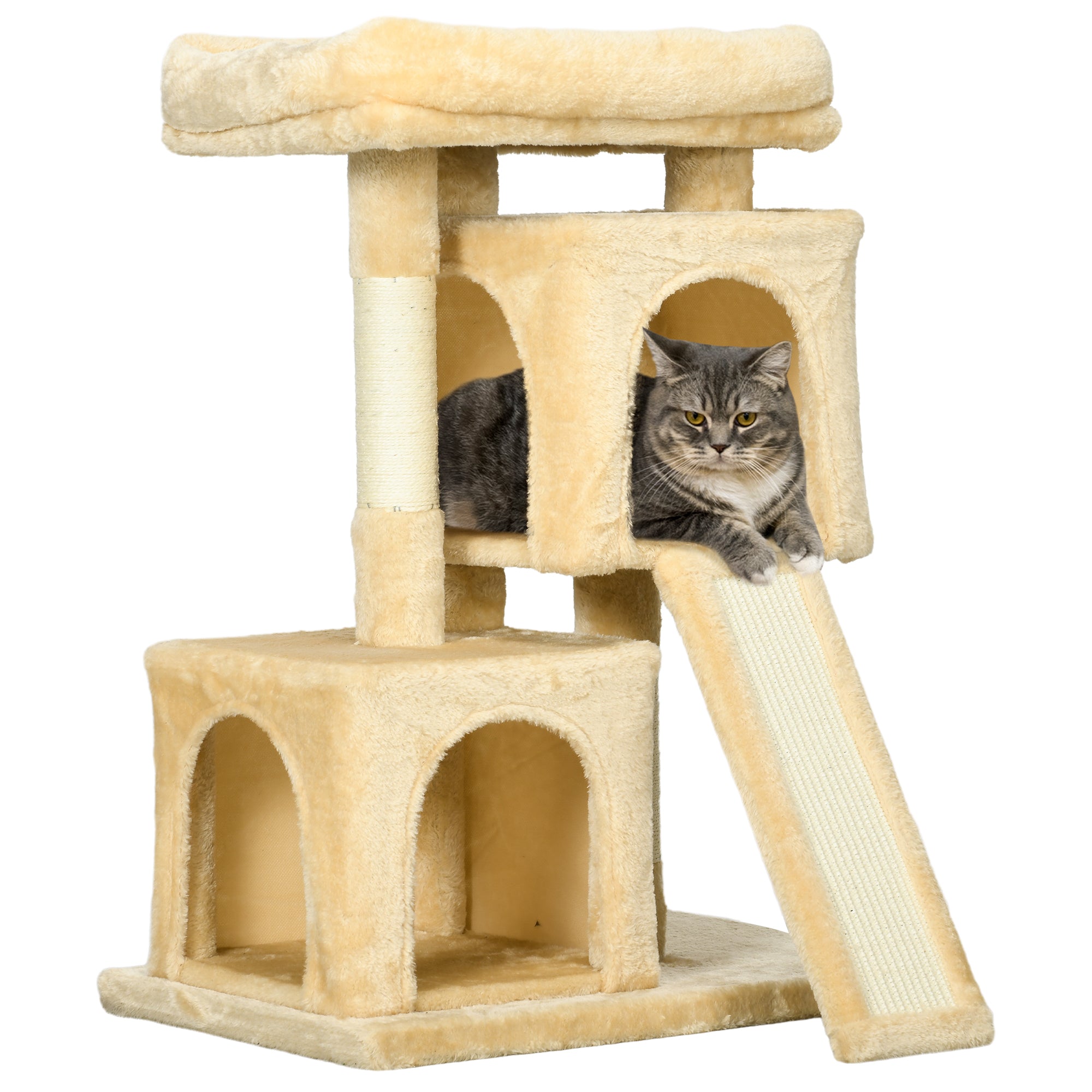 PawHut Deluxe Cat Activity Centre: Sisal Rest & Play with 2 Cosy Houses, Cream White