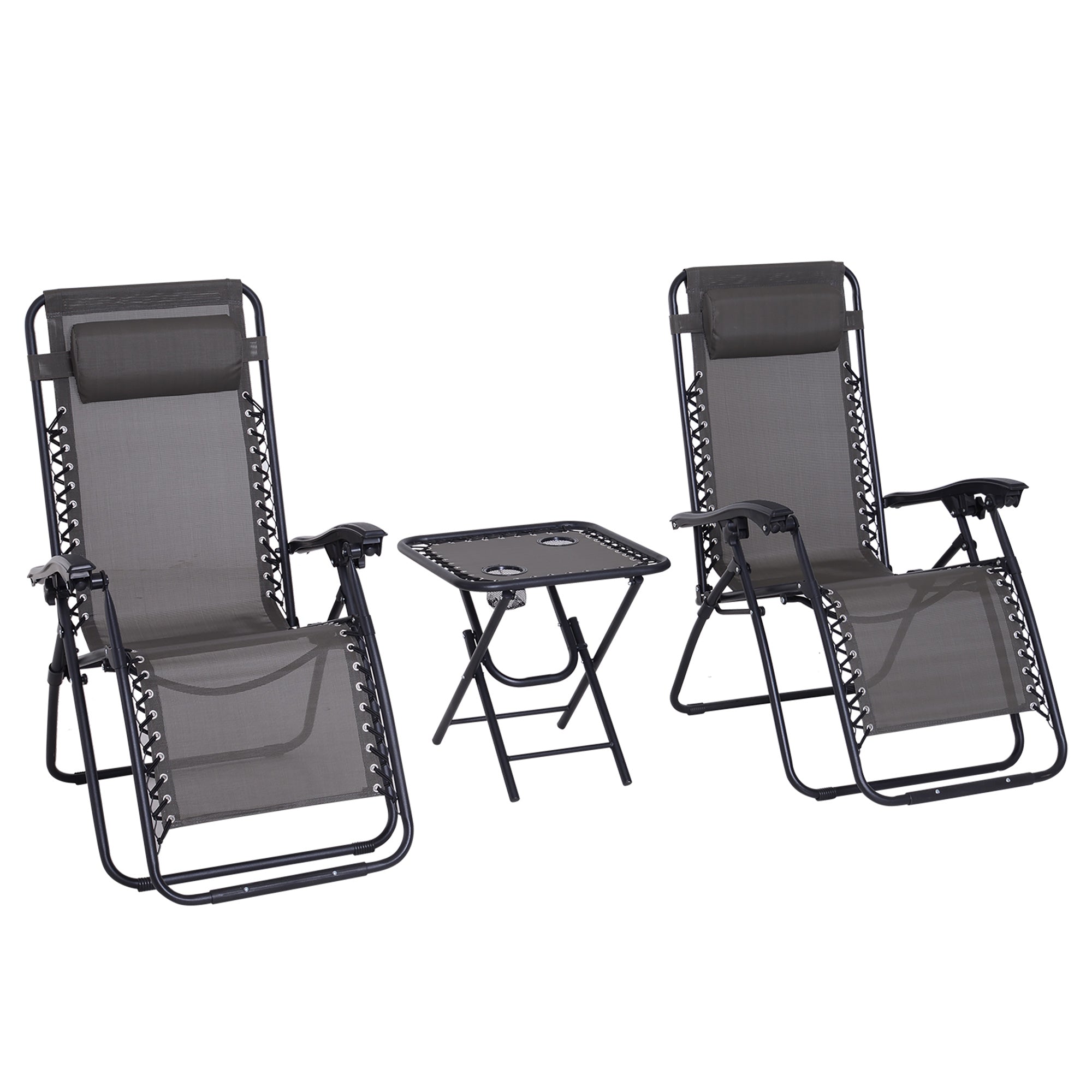 Outsunny 3pcs Folding Zero Gravity Chairs Sun Lounger Table Set w/ Cup Holders Reclining Garden Yard Pool, Dark Grey