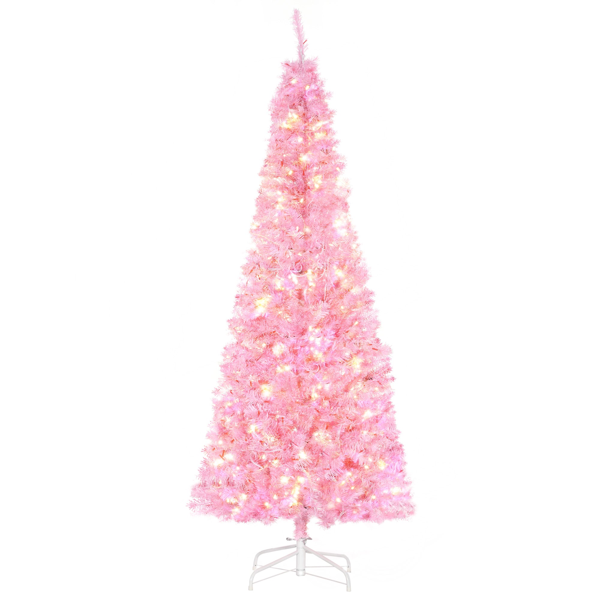 HOMCOM 6' Tall Prelit Pencil Slim Artificial Christmas Tree with Realistic Branches, 300 Warm White LED Lights and 618 Tips, Xmas Decoration, Pink