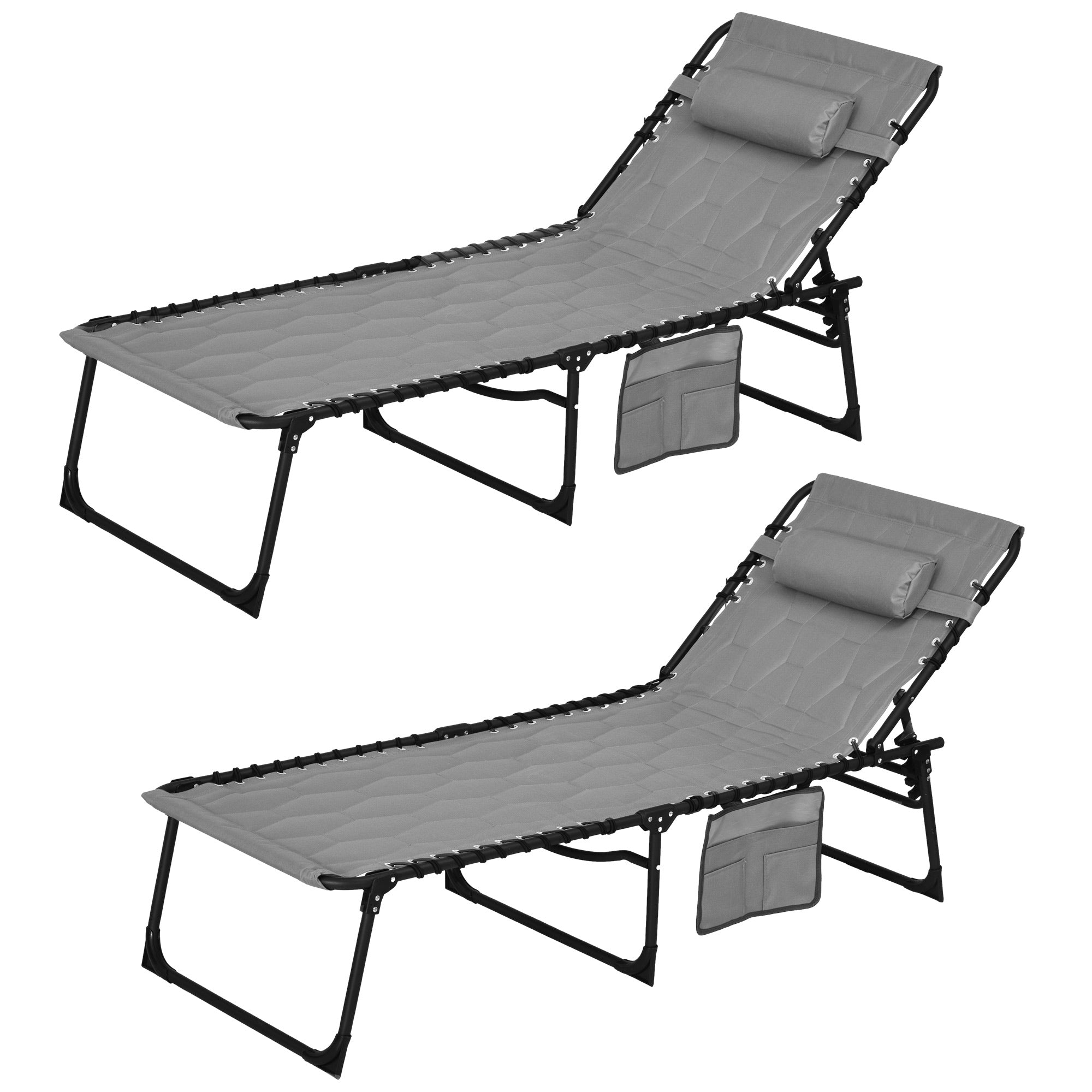 Outsunny Foldable Sun Lounger Set with 5-level Reclining Back, Outdoor Tanning Chairs w/ Padded Seat, Outdoor Sun Loungers with Side Pocket