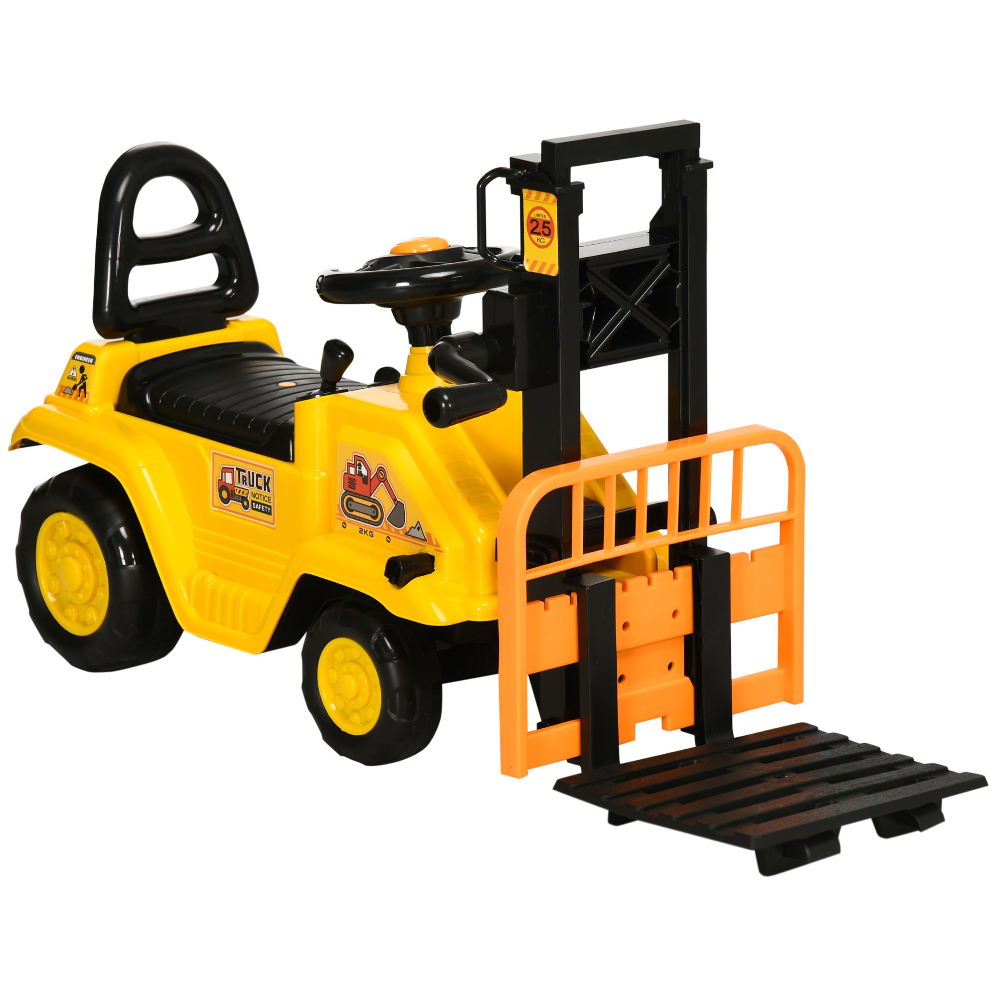 HOMCOM Kids Ride on Forklift Truck with Fork and Tray, Ride on Tractor with Under Seat Storage, Treaded Wheels, No Power Design, Controllable Level