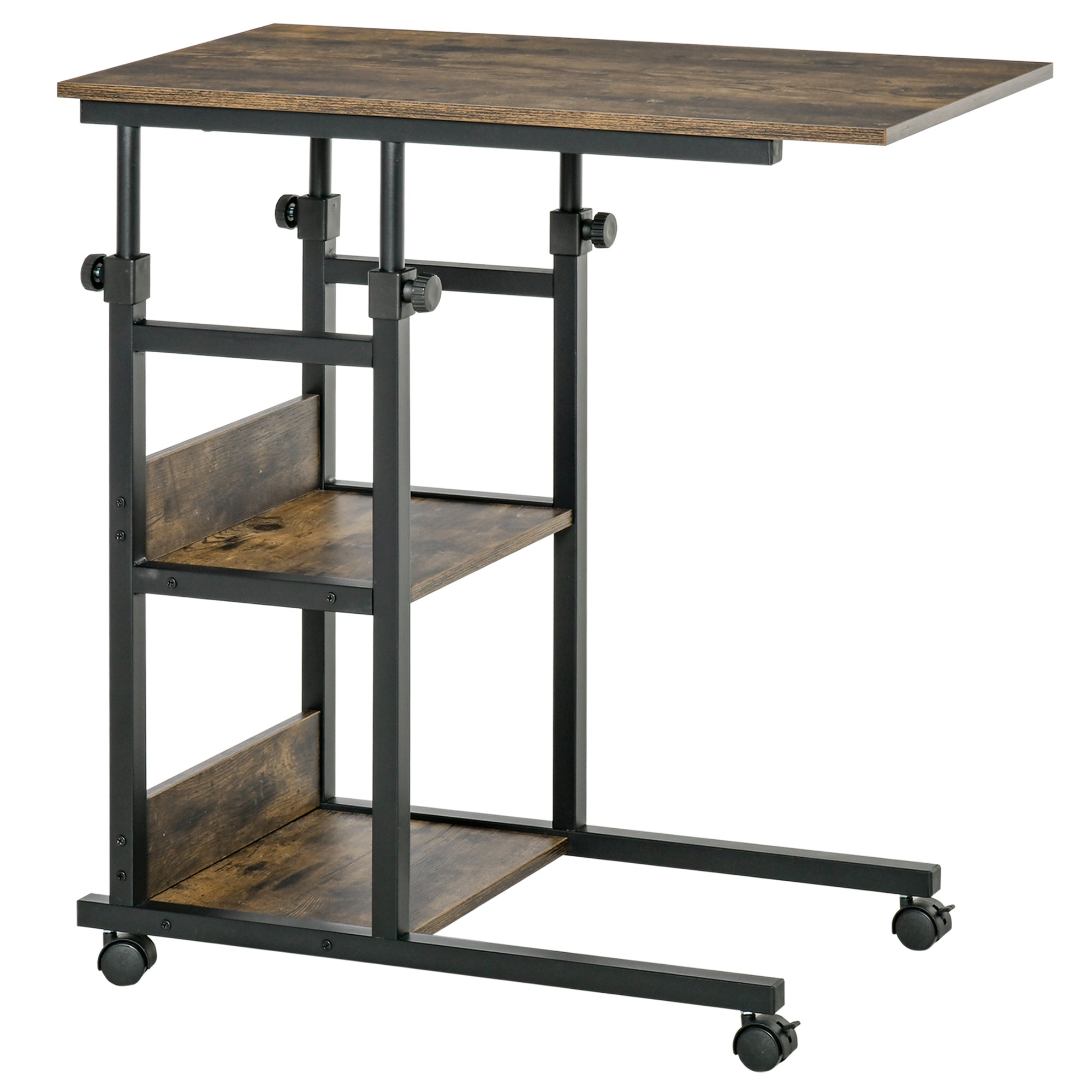 HOMCOM Industrial C-Shaped Side Table, Mobile End Desk with 3-Tier Storage, Adjustable Height, on Wheels