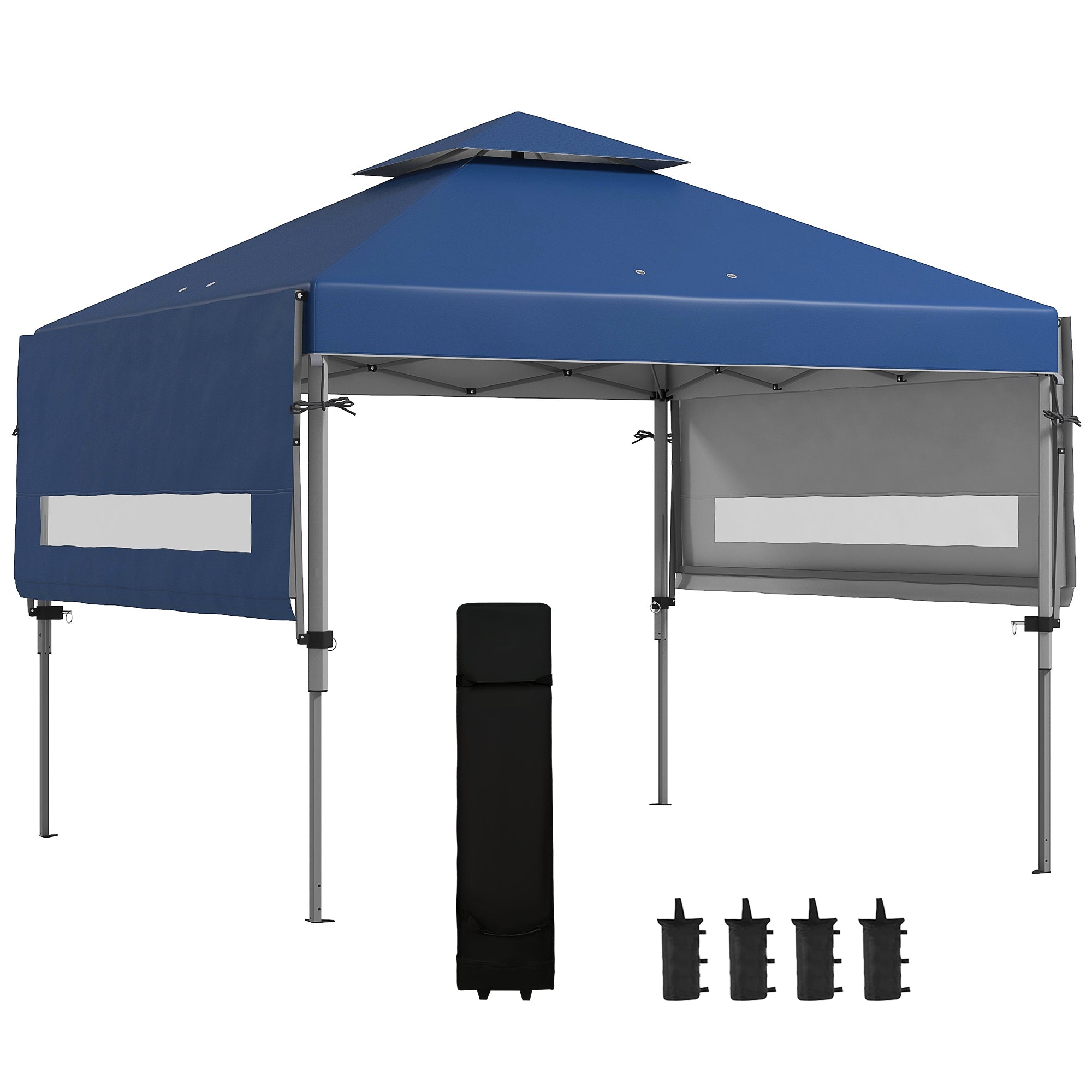 Outsunny 5 x 3(m) Pop Up Gazebo with Extend Dual Awnings, 1 Person Easy up Marquee Party Tent with 1-Button Push, Double Roof, Sandbags,