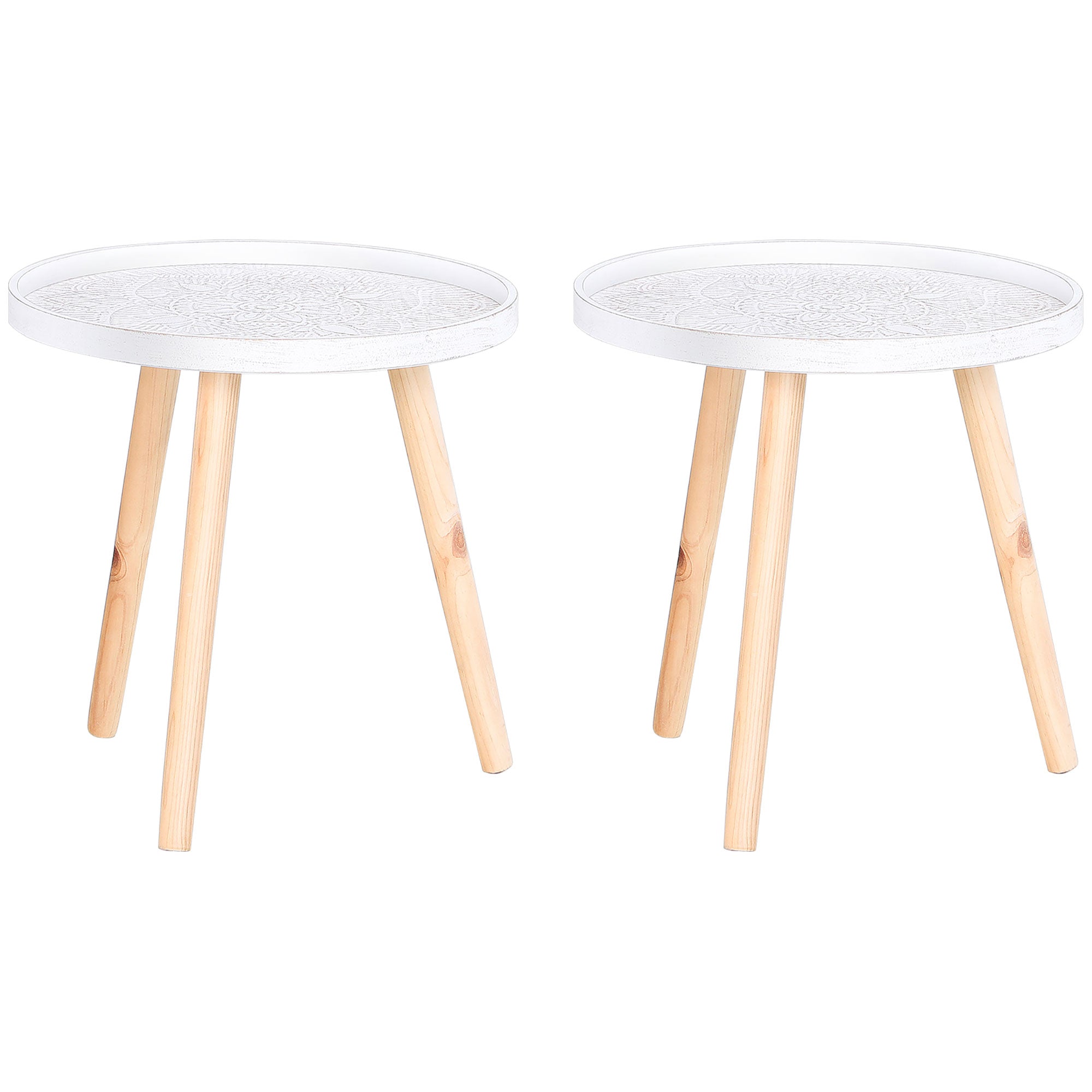 HOMCOM Carved Elegance: Set of 2 Floral Coffee Tables with Tray Top, Wooden Legs, Modern Round Side Tables, White