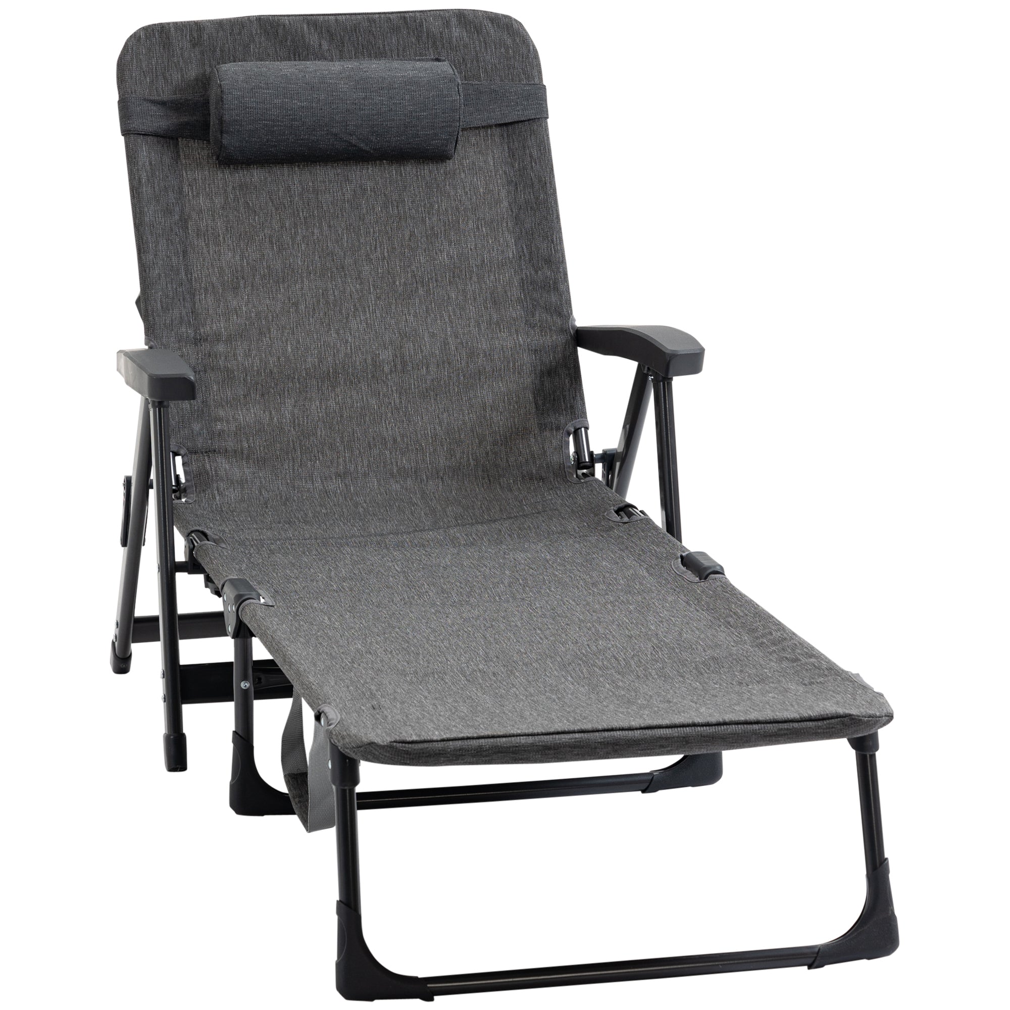 Outsunny Garden Lounger, Mesh Fabric Lounge Chair, 7-Reclining Position Sleeping Bed w/ Pillow & Cup Holder or Poolside, 94H x 72W x 159D, Dark Grey