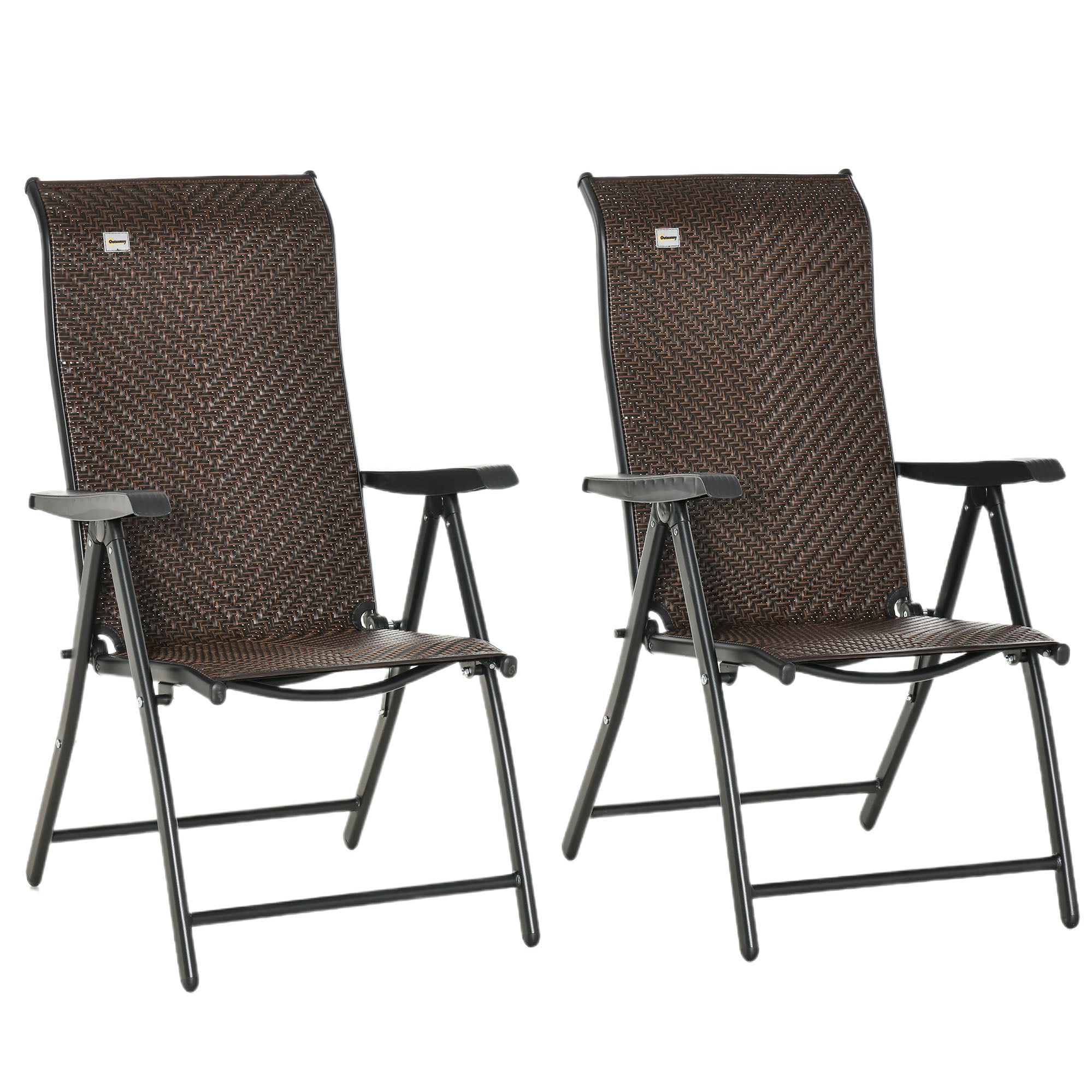 Outsunny Set of 2 Outdoor Wicker Folding Chairs, Patio PE Rattan Dining Armrests Chair set with Adjustable Backrest, for Outdoors, Camping, Red Brown