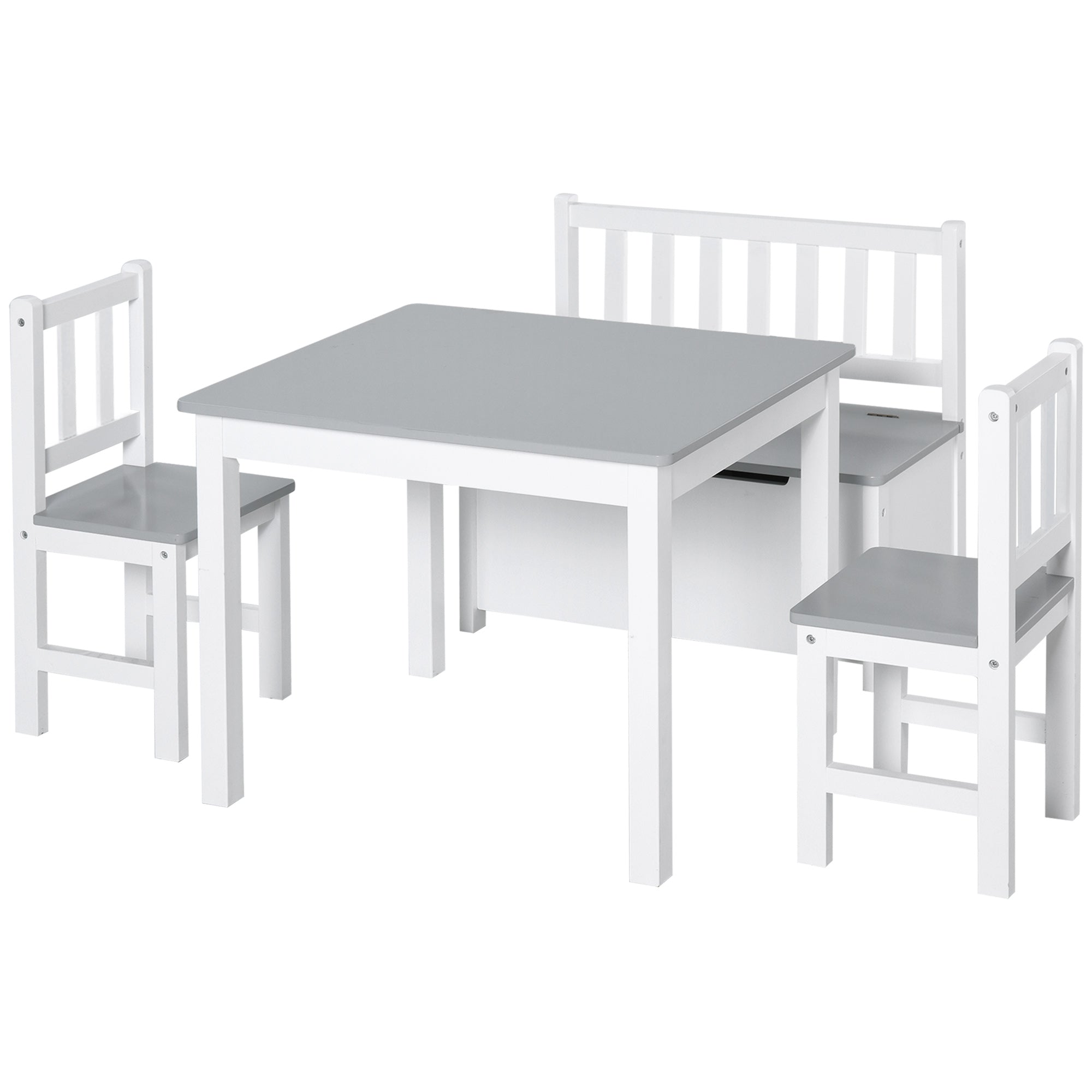 HOMCOM 4-Piece Kids Table Set with 2 Wooden Chairs, 1 Storage Bench, and Interesting Modern Design, Grey/White