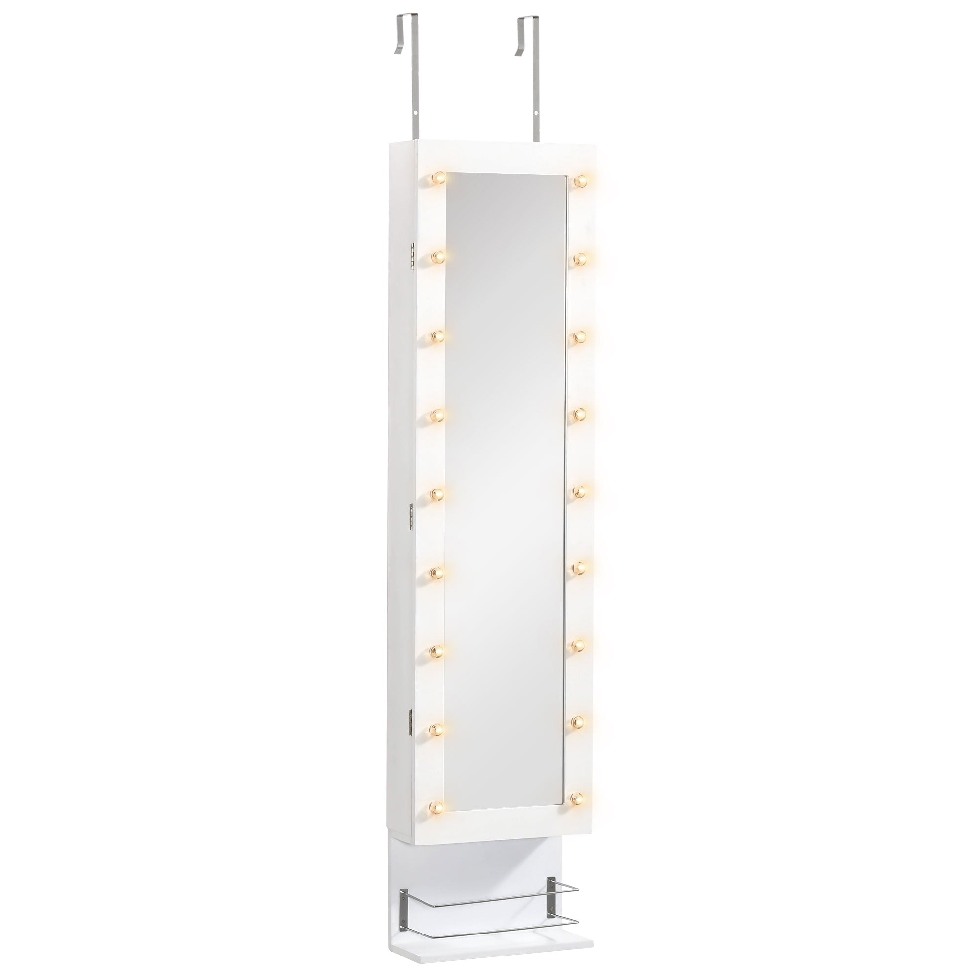 HOMCOM Jewellery Storage Mirror Cabinet Wall Mounted or Door Hanging w/ Hooks Shelves Drawer 18 Lights Brush Holder Vanity Makeup White