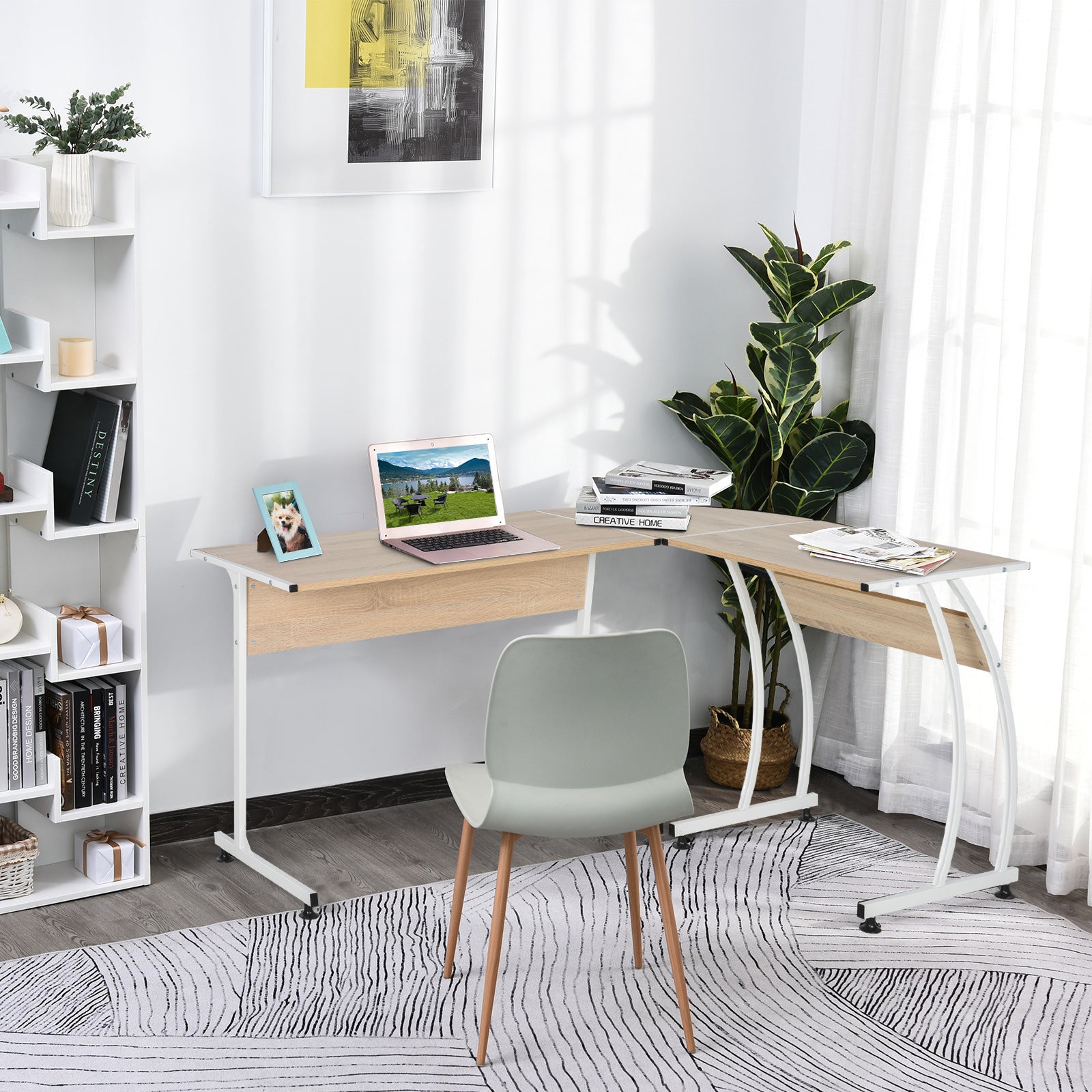 HOMCOM L Shape Computer Desk Corner Display Table Laptop Study Desk Minimalist Space Saving Wood Steel Gaming PC Workstation 112.5x152x74cm Natural