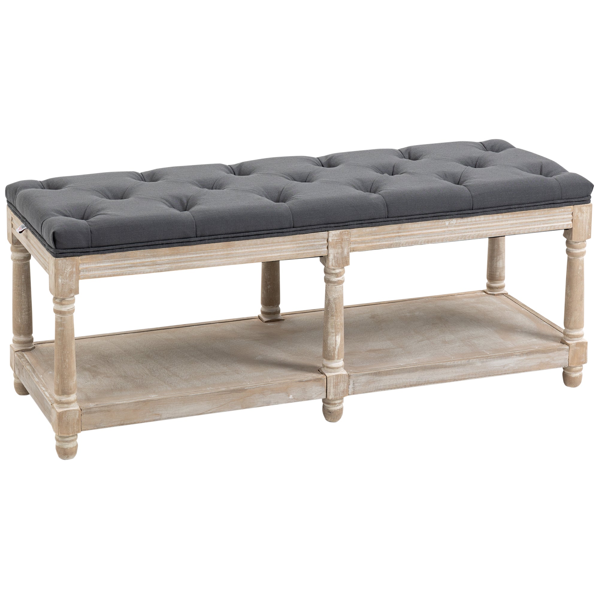 HOMCOM Hallway Haven: Vintage Shoe Bench with Tufted Cushion, 2-Tier Wooden Storage, Grey