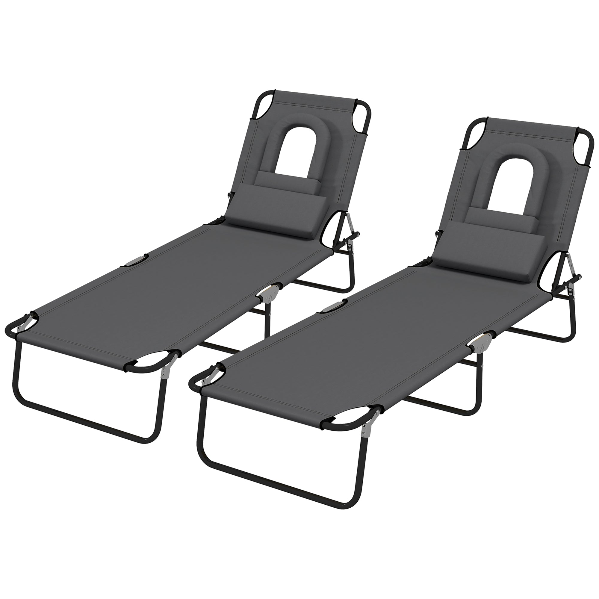 Outsunny Foldable Sun Lounger Set, 2-Pack, 4-Level Backrest, Pillow & Reading Hole, Lightweight for Garden Relaxation, Dark Grey