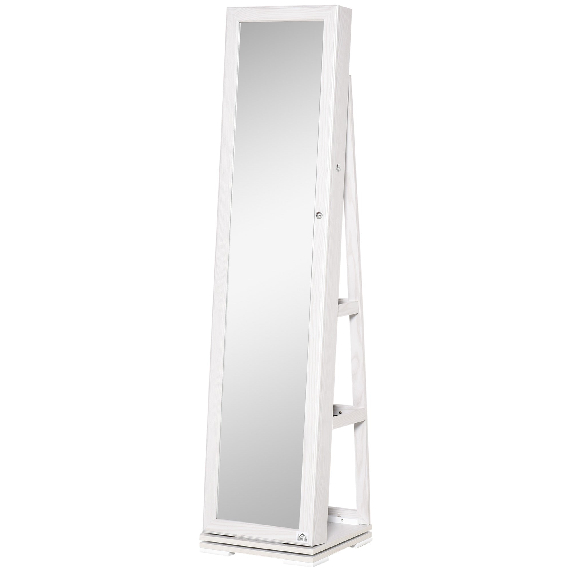 HOMCOM Lockable Jewellery Cabinet with 360° Swivel Base, Full-Length Mirror & Built-In Smaller Mirror, White