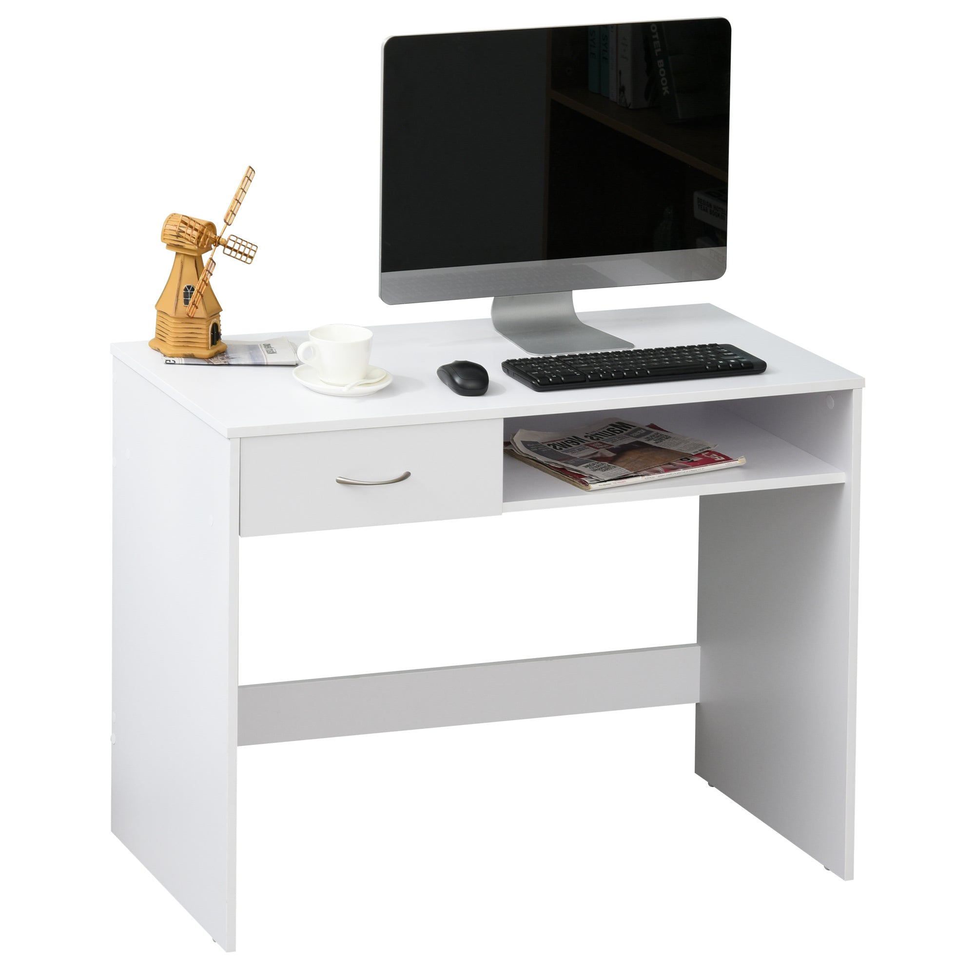 HOMCOM Computer Desk with Shelf Drawer, Study Table with Storage Compartment, Writing Station, Stylish Display Storage, White