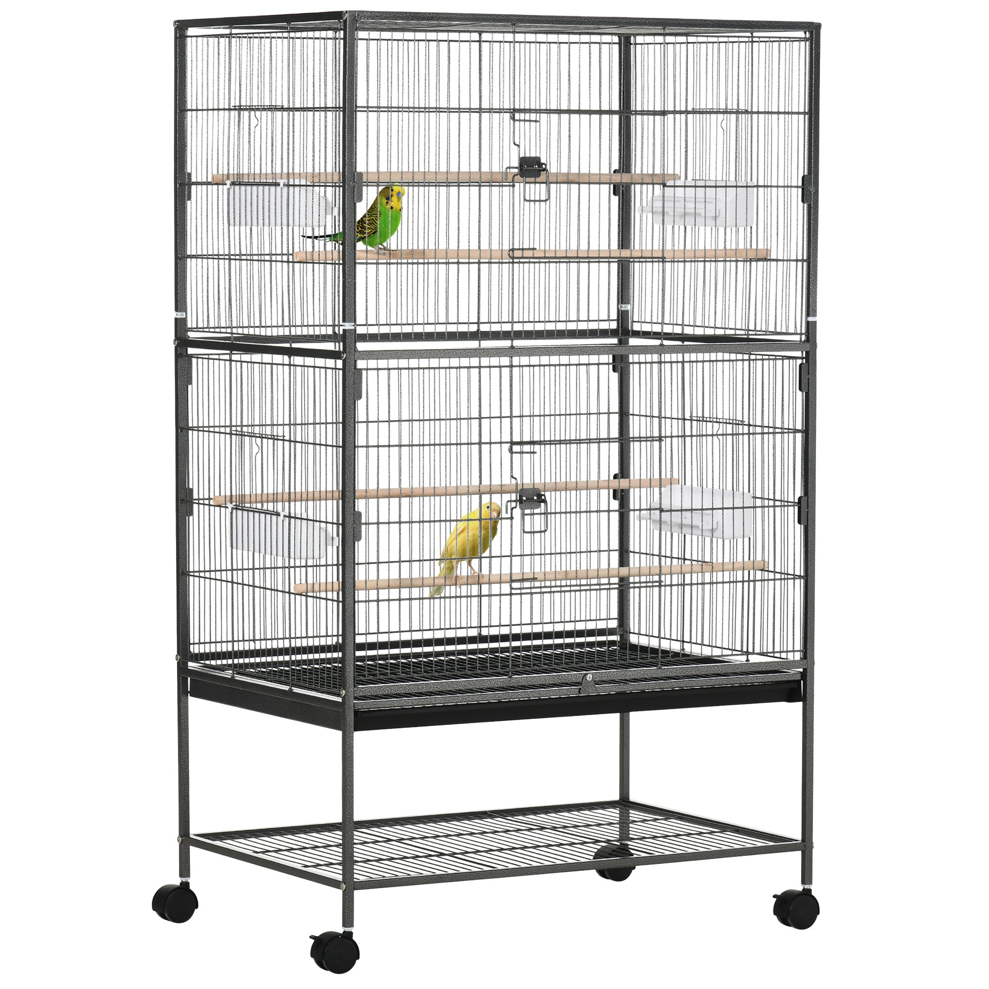 PawHut Large Bird Cage Budgie Cage for Finch Canaries Parakeet with Rolling Stand, Slide-out Tray, Storage Shelf, Food Containers, Dark Grey