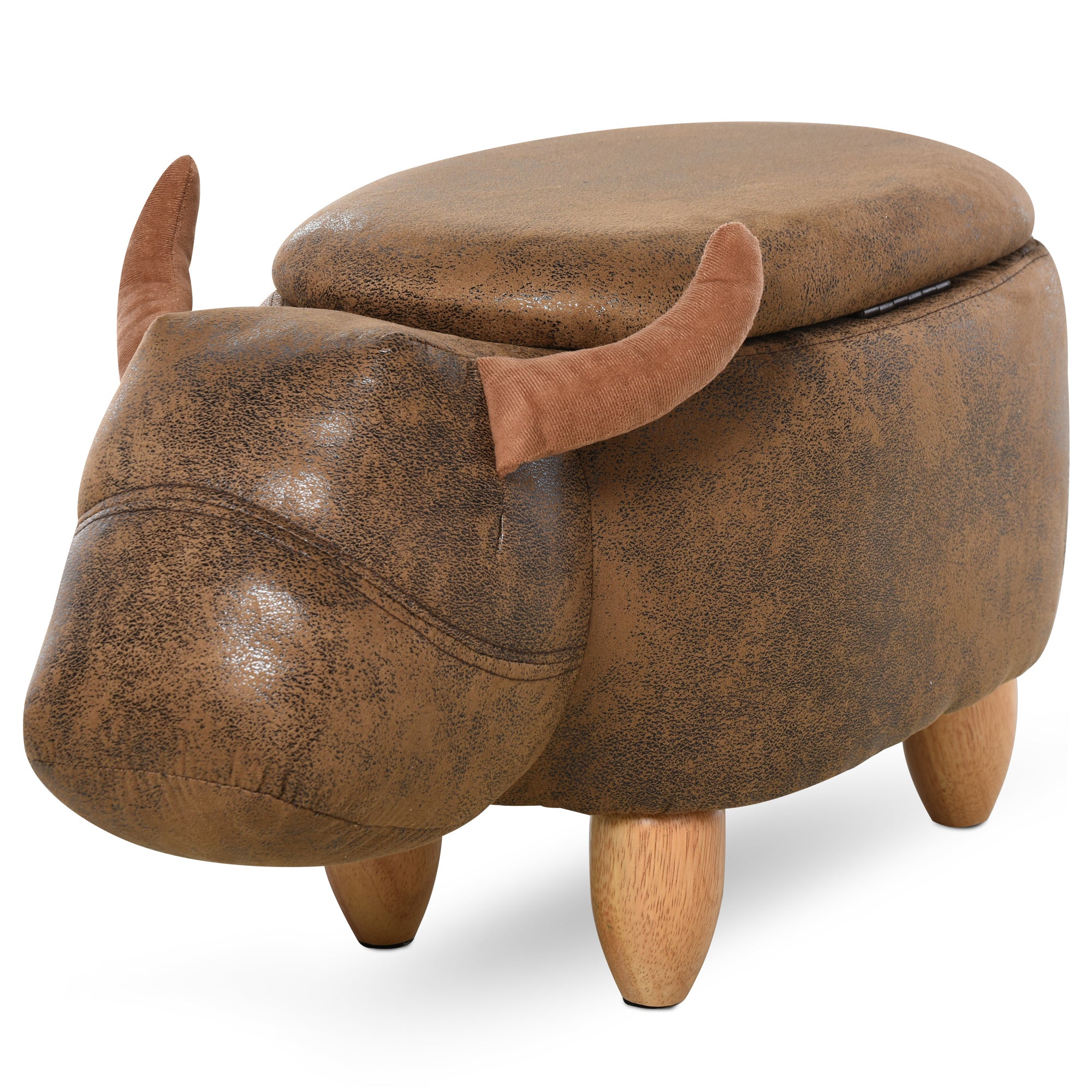 HOMCOM Buffalo Animal Footstool with Storage, Cute Kids Room Decor, Wooden Frame Legs, Padded Lid, Ottoman, Brown