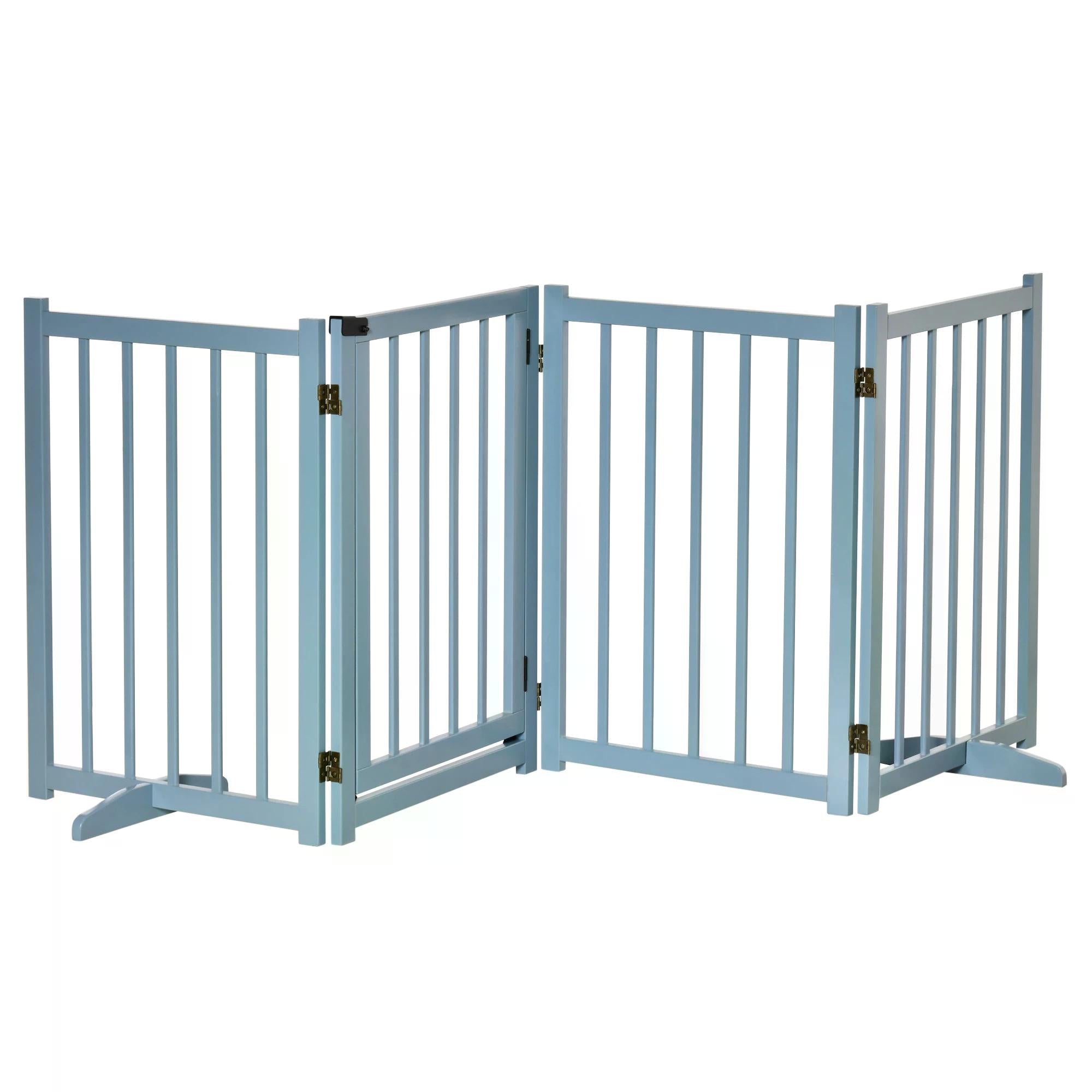 PawHut Pet Gate for Small and Medium Dogs, Freestanding Wooden Foldable Dog Safety Barrier with 4 Panels, 2 Support Feet for Doorways, Stairs, Blue