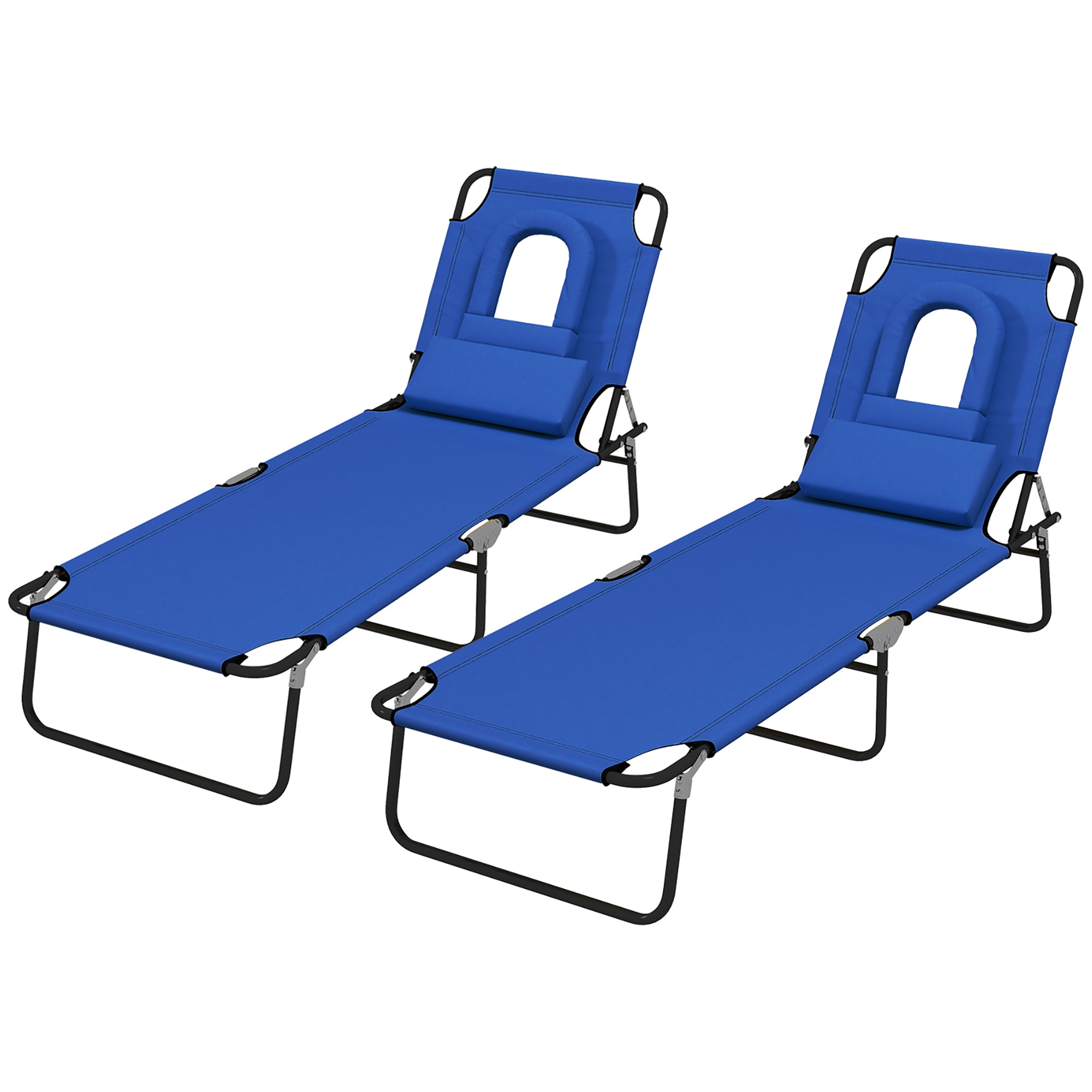 Outsunny Outdoor Foldable Sun Lounger Set of 2, 4 Level Adjustable Backrest Reclining Sun Lounger Chair with Pillow and Reading Hole, Blue