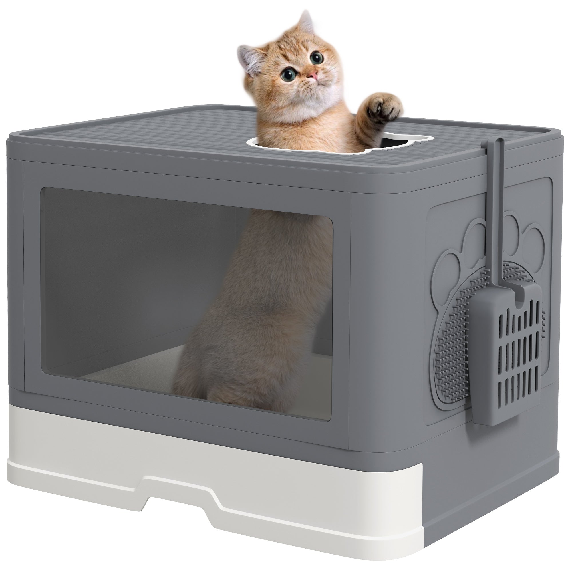 PawHut Enclosed Cat Litter Box: Front/Top Entry, Drawer Tray & Accessories, Grey