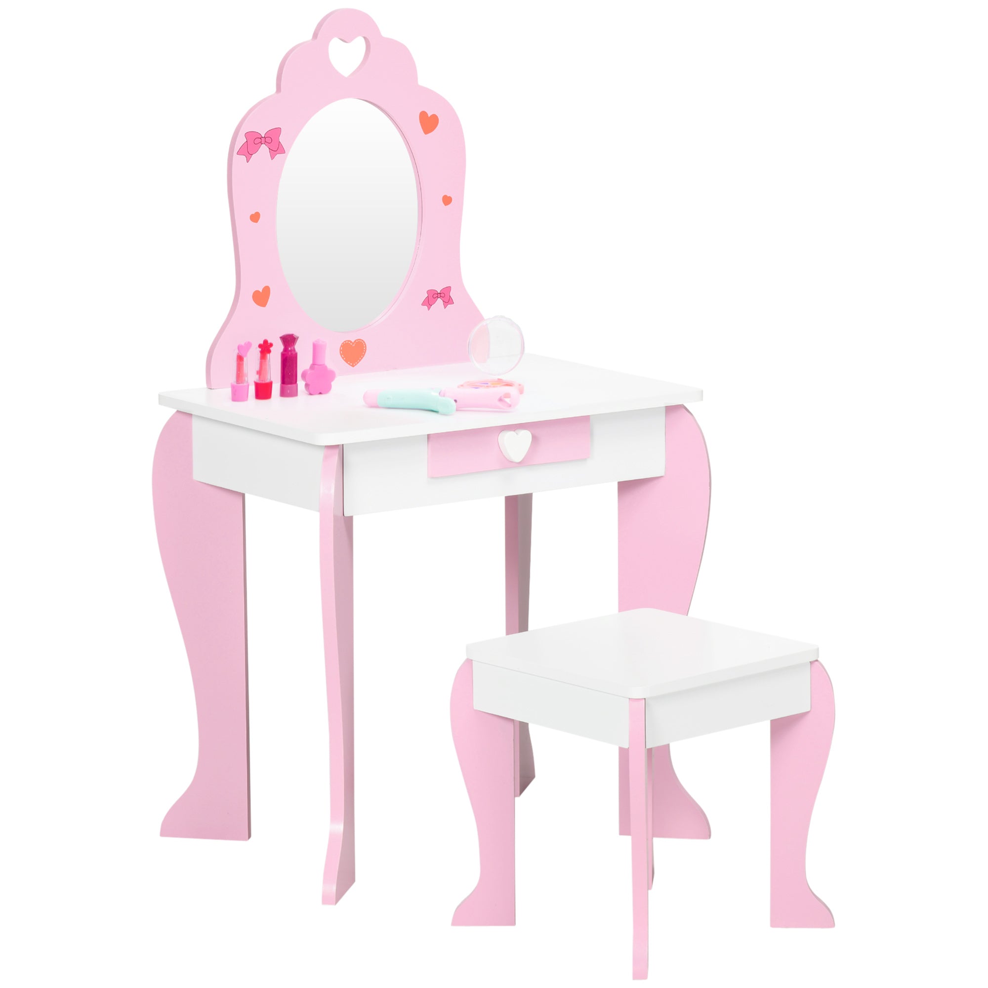 ZONEKIZ Pink Kids Vanity Set with Dressing Table, Mirror, Stool, Drawer, Cute Patterns, for 3-6 Years Old