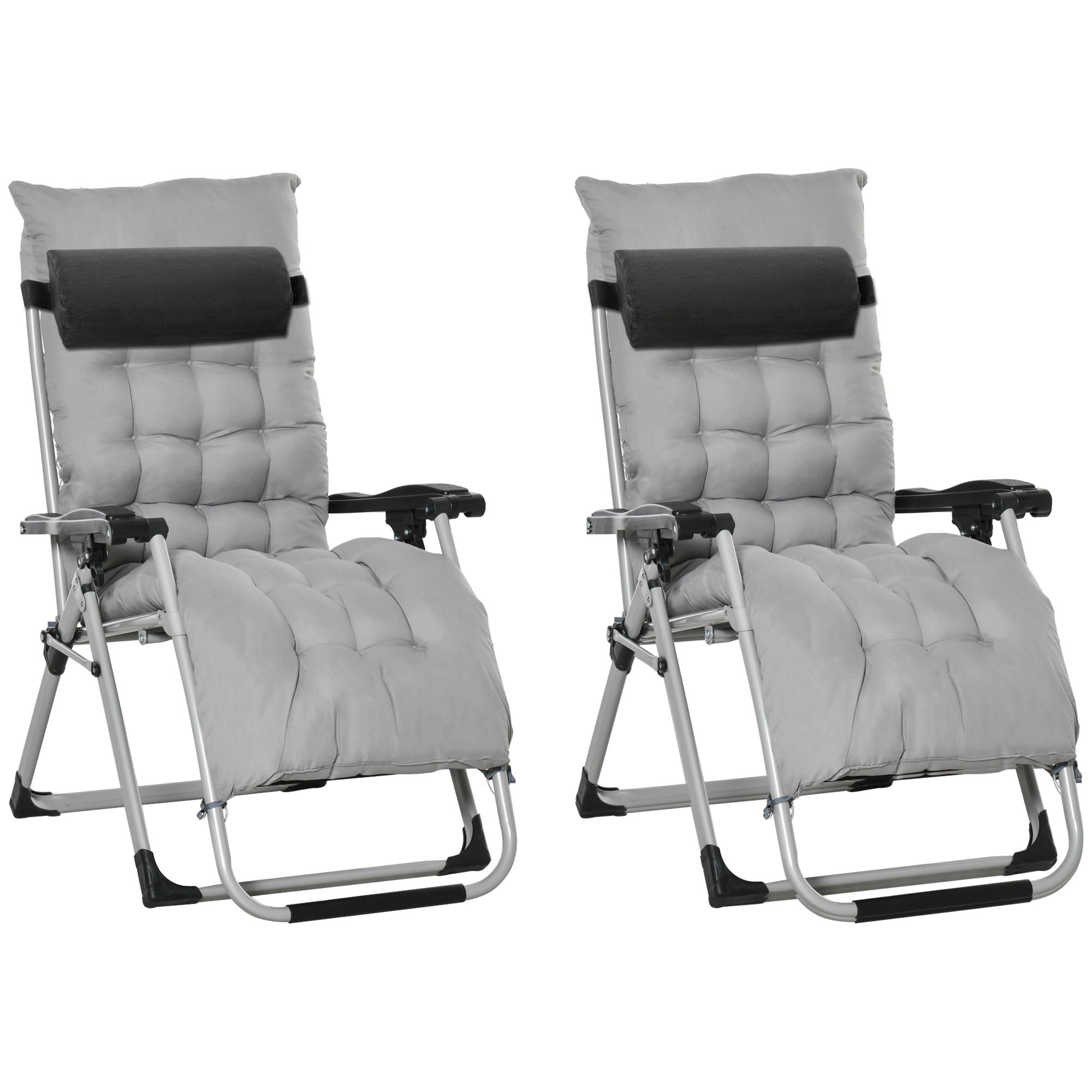 Outsunny 2 Piece Reclining Zero Gravity Chair Folding Garden Sun Lounger with Cushion Headrest Light Grey