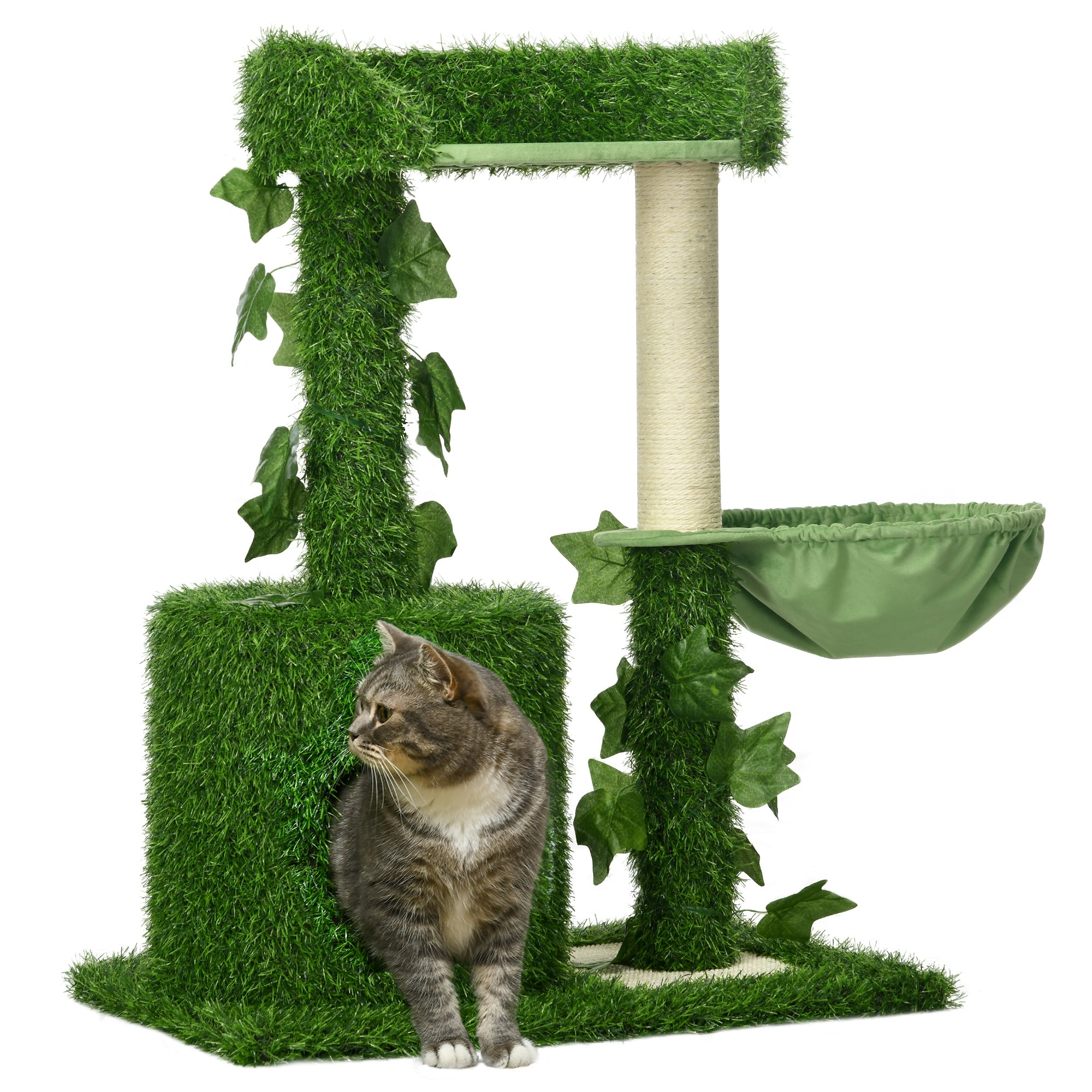 PawHut Cat Tree with Green Leaves, 77cm, Multi-Level Climber with Sisal Scratching Posts, Perch Hammock & Condo for Indoor Cats, Green