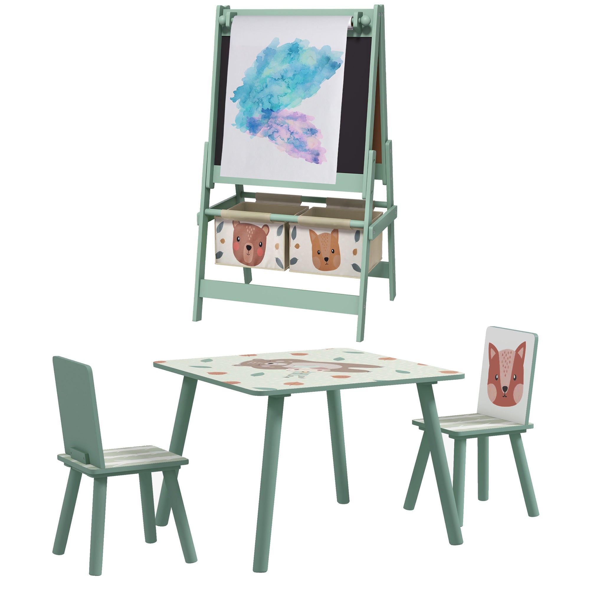 ZONEKIZ Kids Table and Chair Set and Kids Easel with Paper Roll, Storage Baskets, Kids Activity Furniture Set, Green