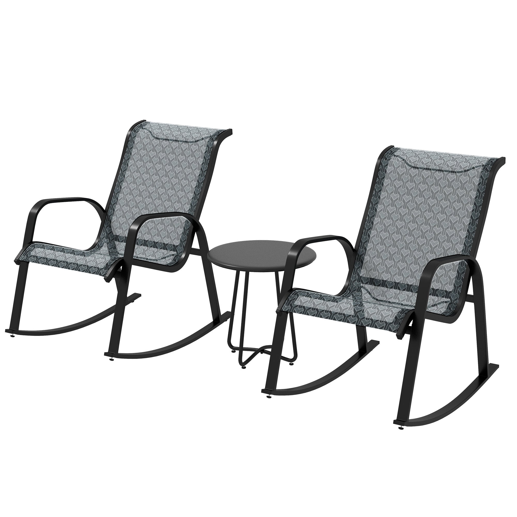 Outsunny 3 Pcs Garden Rocking Set w/ 2 Armchairs, Metal Top Coffee Table, Patio Bistro Set w/ Curved Armrests, Breathable Mesh Fabric Seat, Mixed Grey